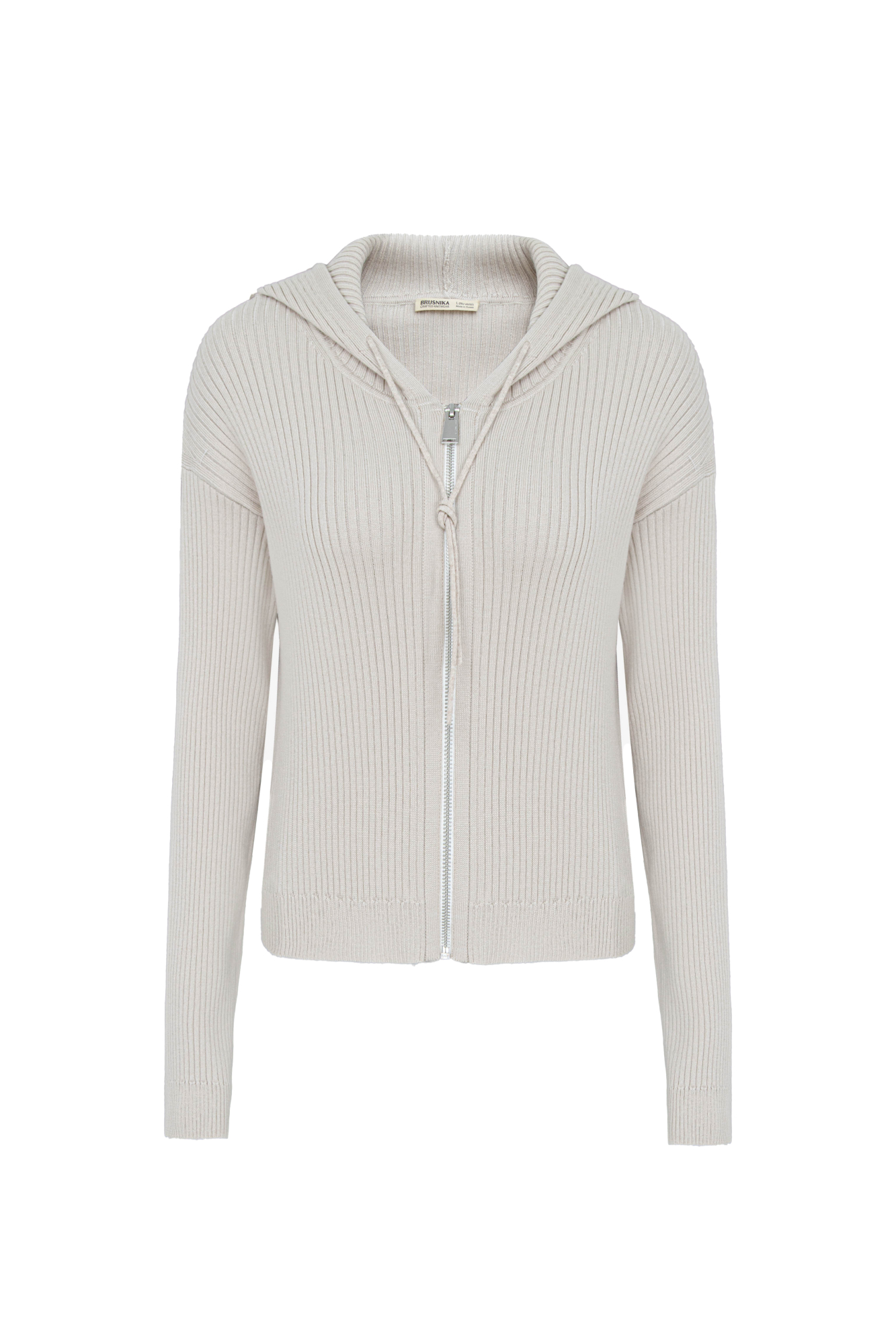 Трикотажный бомбер в рубчик. Модель приталенного силуэта, с длинными рукавами, спущенной линией плеч и капюшоном на кулиске. Застежка на молнию.