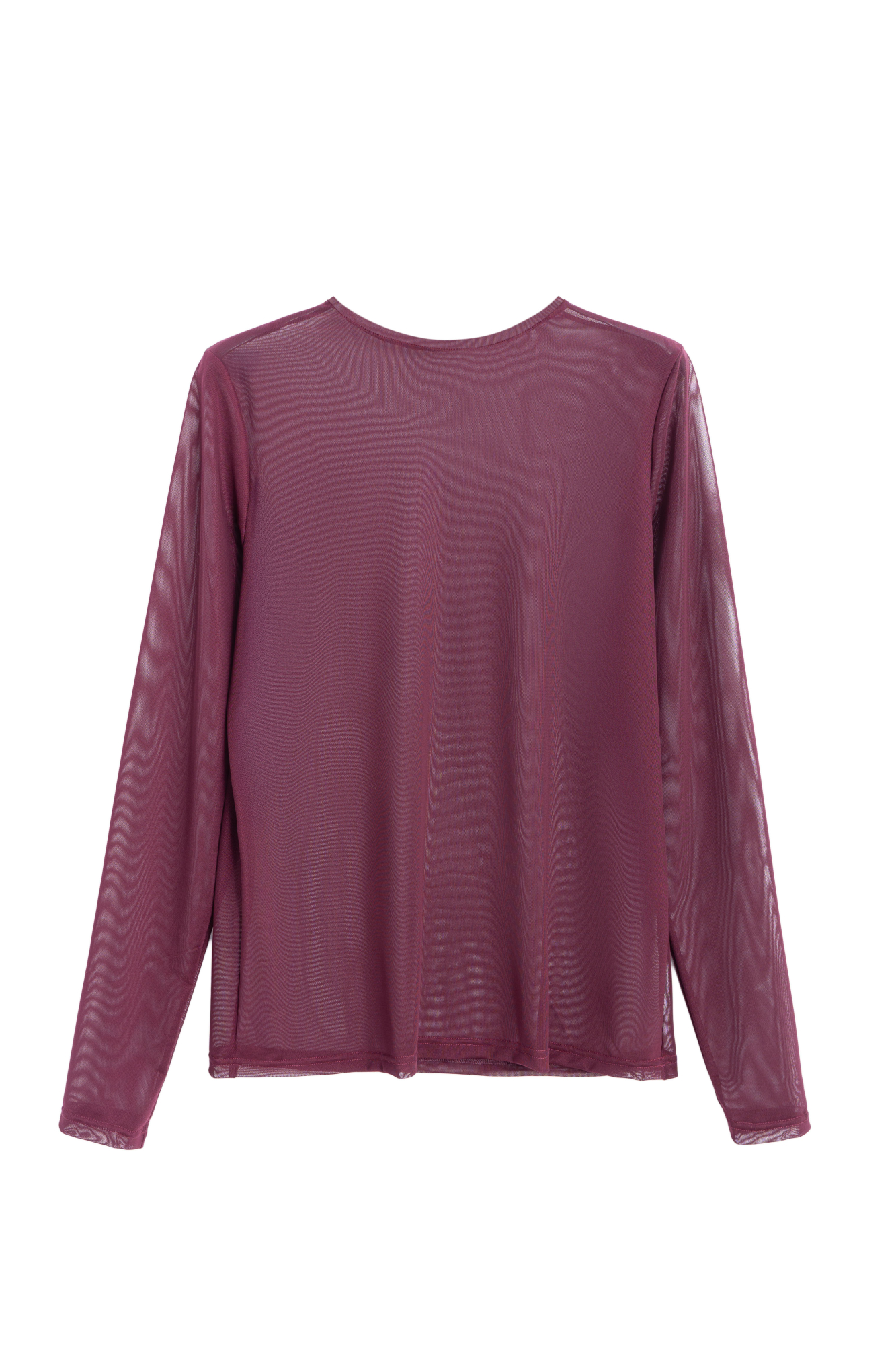 Полупрозрачный лонгслив по фигуре с круглым вырезом горловины.