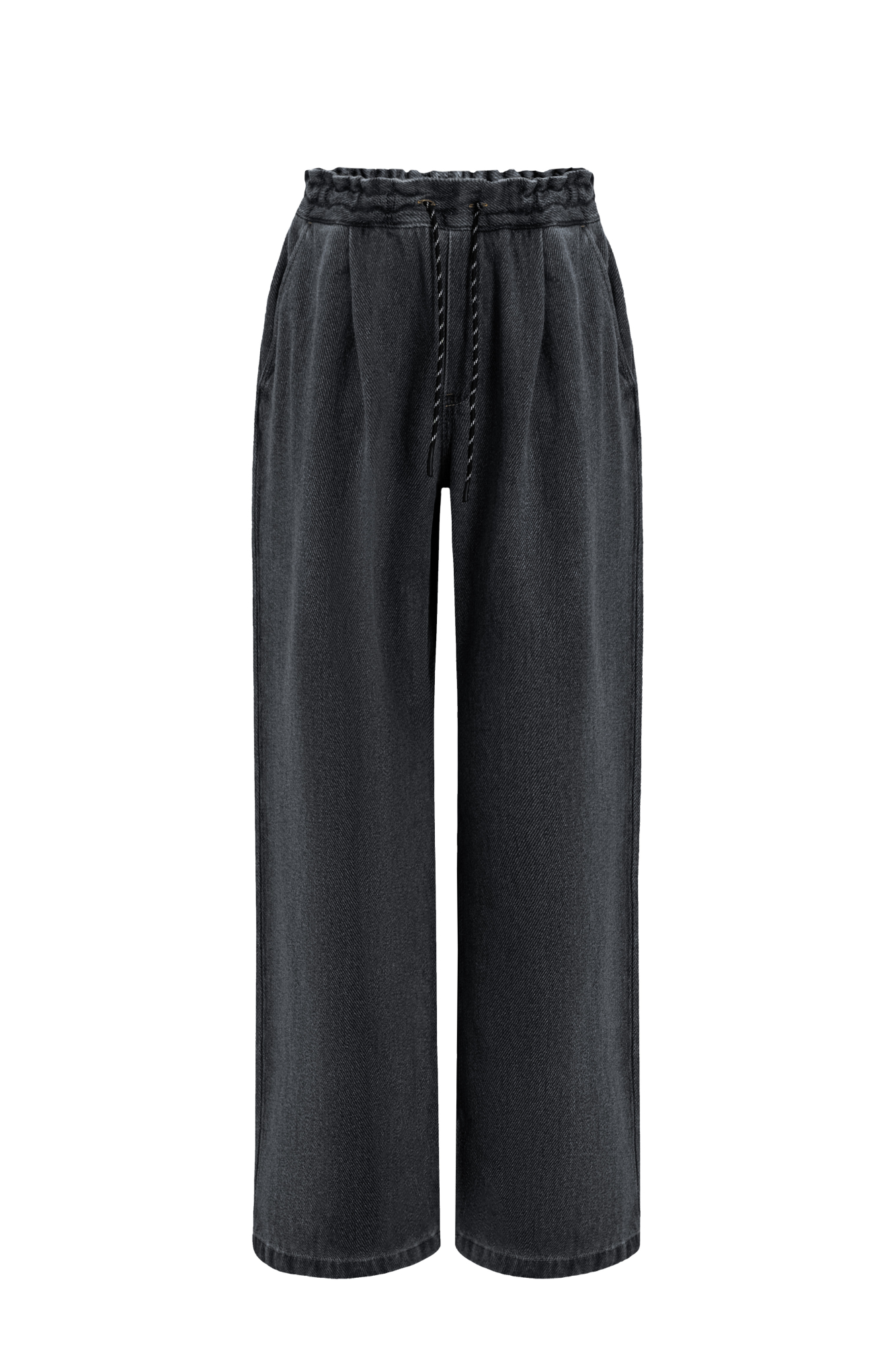 Джинсы на кулиске из 100% хлопка с текстурой в диагональный рубчик. Модель прямого кроя с высокой посадкой. 2 боковых кармана.