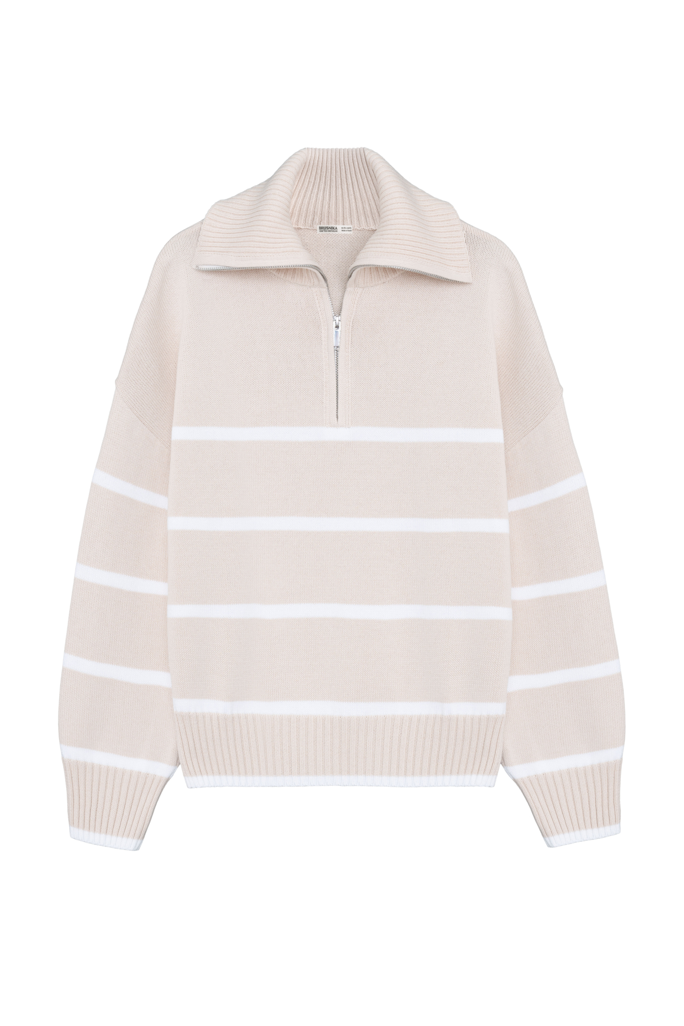 Трикотажный джемпер из 100% хлопка в полоску. Модель свободного силуэта со спущенной линией плеча и воротником-стойкой на молнии.