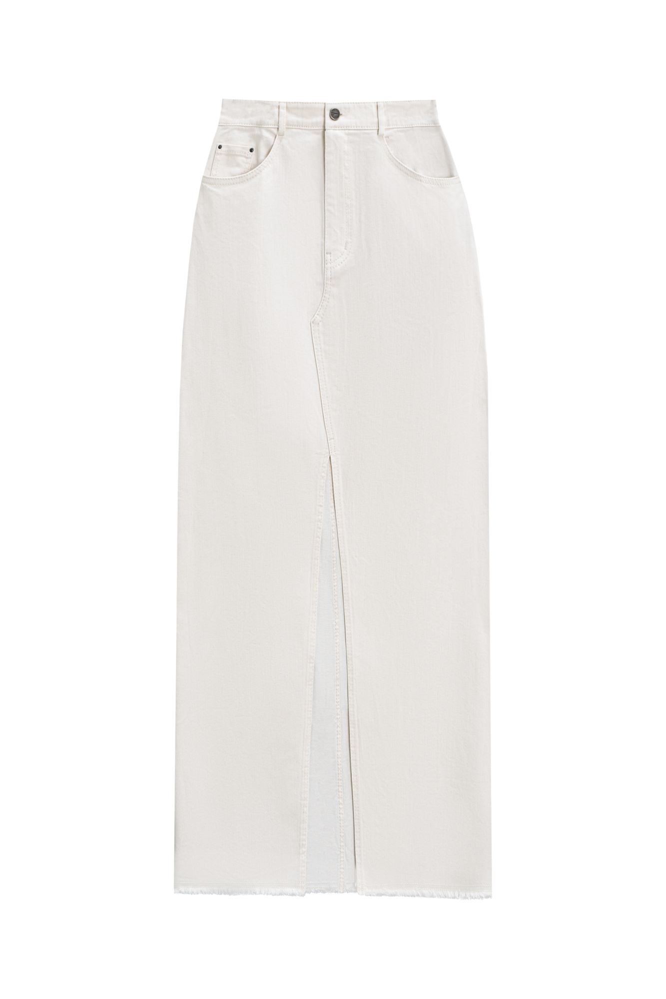 Джинсовая юбка из хлопка. Модель с разрезом спереди и необработанным низом. Шлевки на поясе для ремня, пять карманов, застежка на молнию и пуговицу.