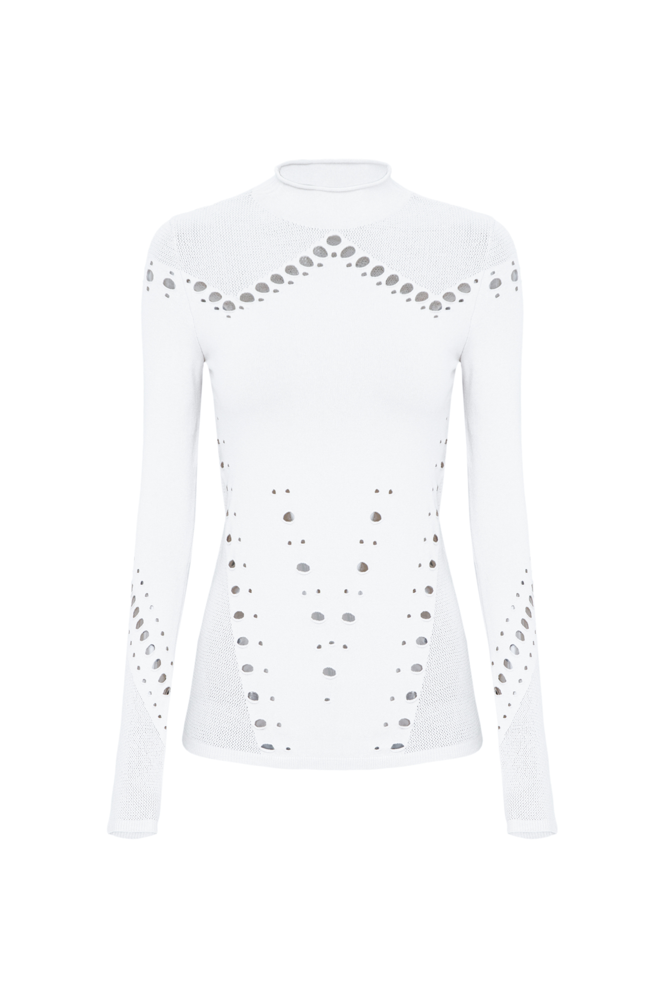 Трикотажная длинная водолазка из тонкой эластичной вискозы. Модель облегающего силуэта, с длинными рукавами и невысоким воротником-стойкой. Изделие выполнено в комбинированной технике вязки, сочетающей гладь и сетку.&nbsp;&nbsp;Водолазка декорирована вырезами, создающими геометрический узор.