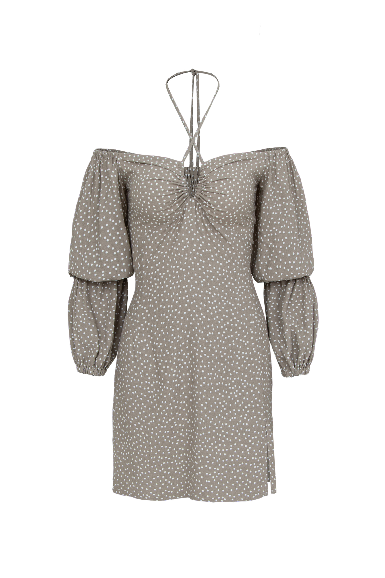 Платье из вискозы в горошек, с рукавами-фонариками и тонкой лентой-завязкой.