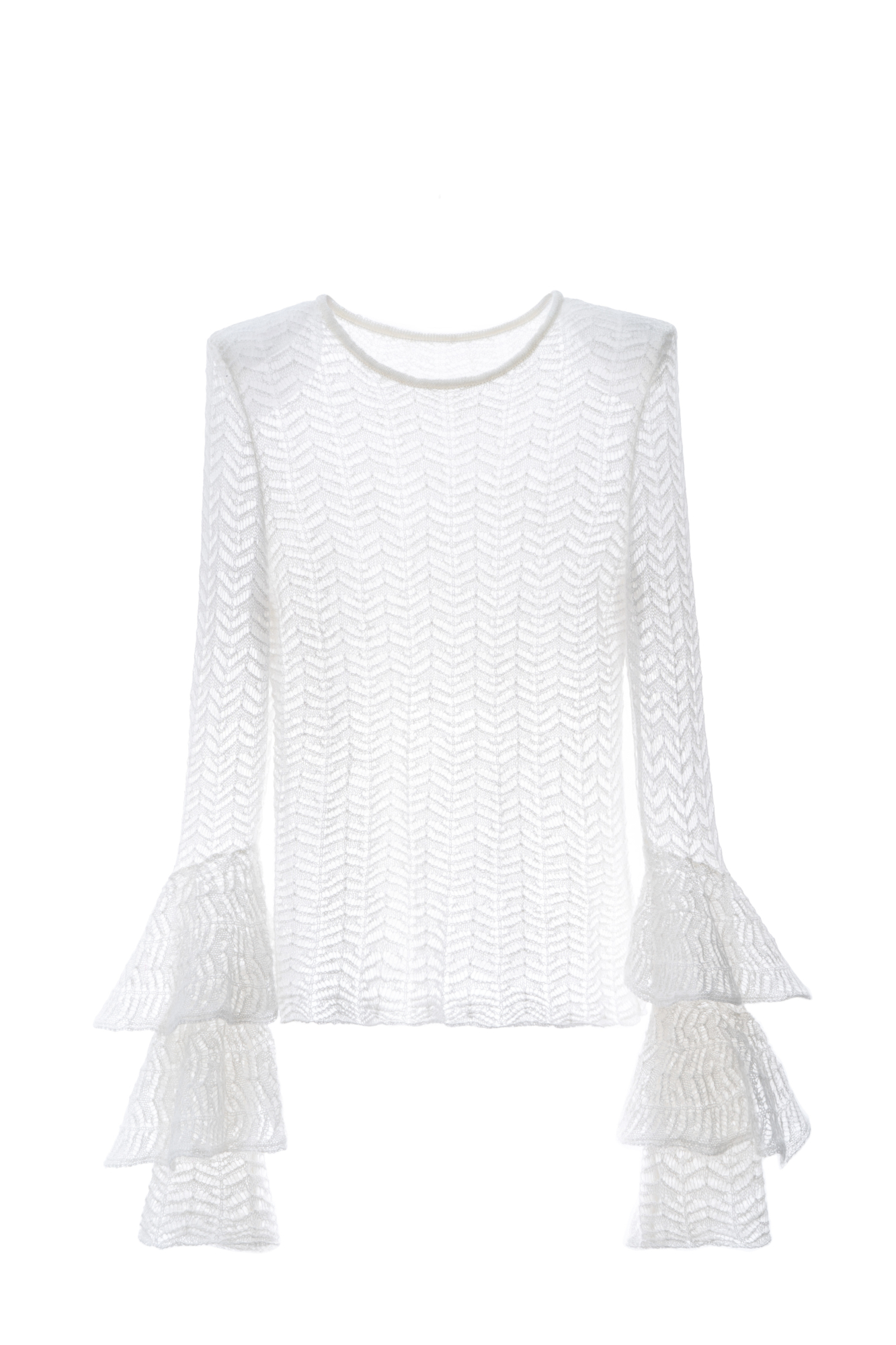 Трикотажный ажурный джемпер из шерсти с добавлением мохера. Модель по фигуре с круглым неглубоким вырезом горловины и подплечниками. Изделие декорировано ажурными воланами на манжетах.