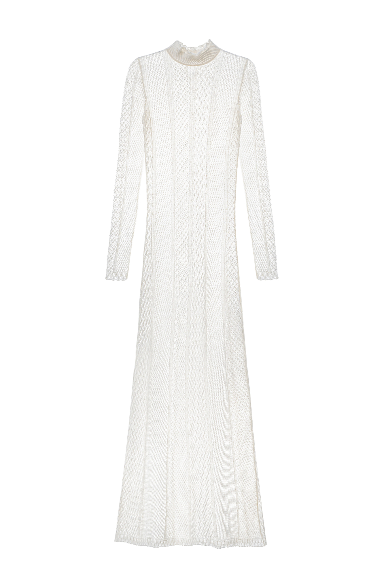 Трикотажное ажурное платье длины макси из шерсти альпака и мохера. Изделие выполнено комбинированной вязкой, сочетающей несколько ажурных узоров. Модель с длинными рукавами и воротником стойкой.