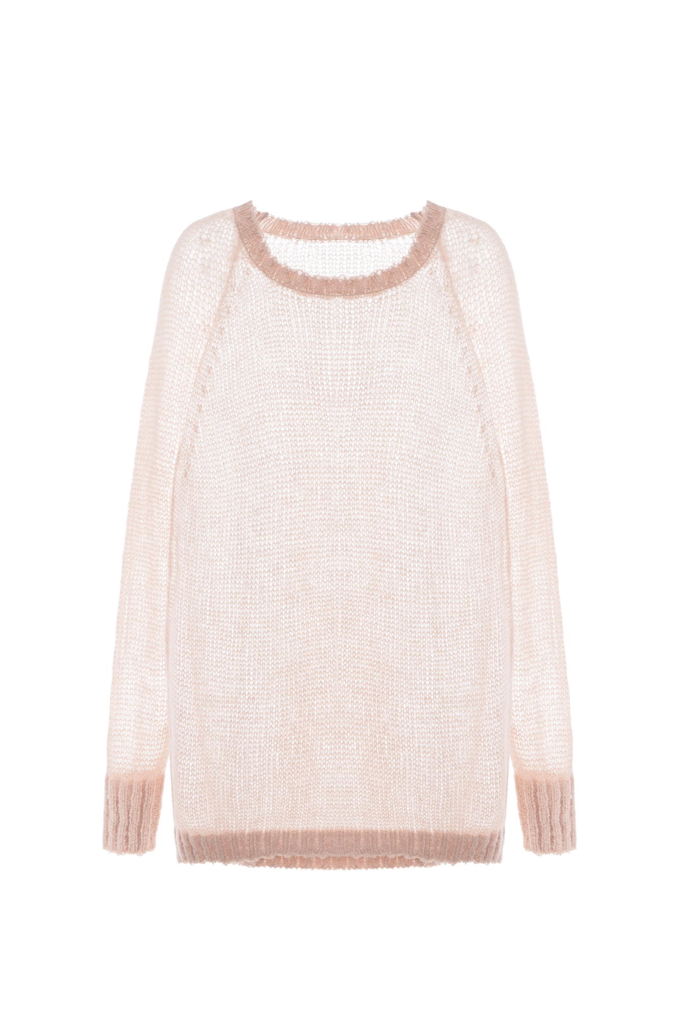 Трикотажный полупозрачный джемпер из смесовой шерсти. Модель свободного силуэта со спущенной линией плеча. 