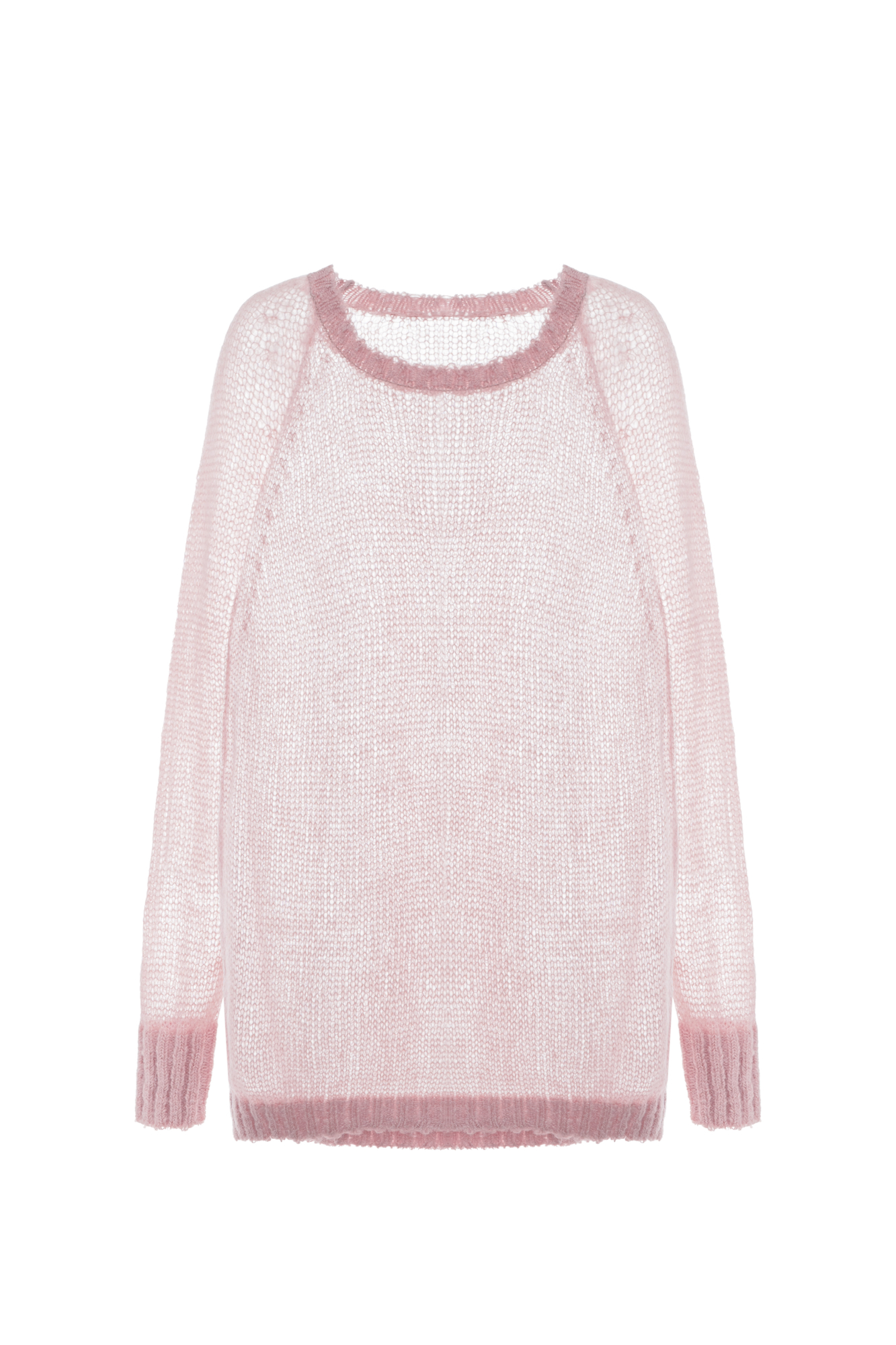 Трикотажный полупозрачный джемпер из смесовой шерсти. Модель свободного силуэта со спущенной линией плеча. 