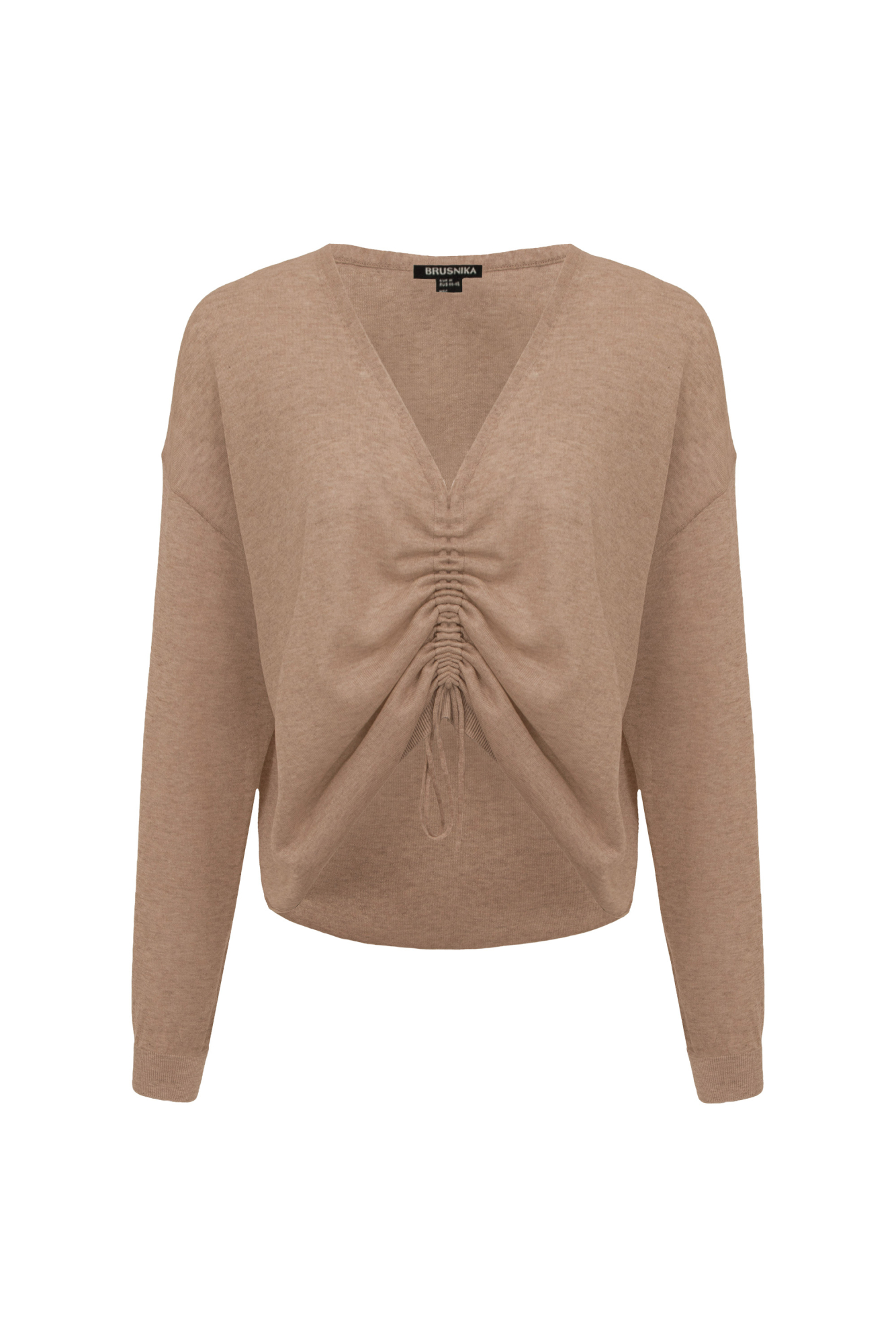 Полупрозрачный топ из тонкой вискозы. Модель свободного силуэта, с длинными рукавами и V-вырезом на кулиске.