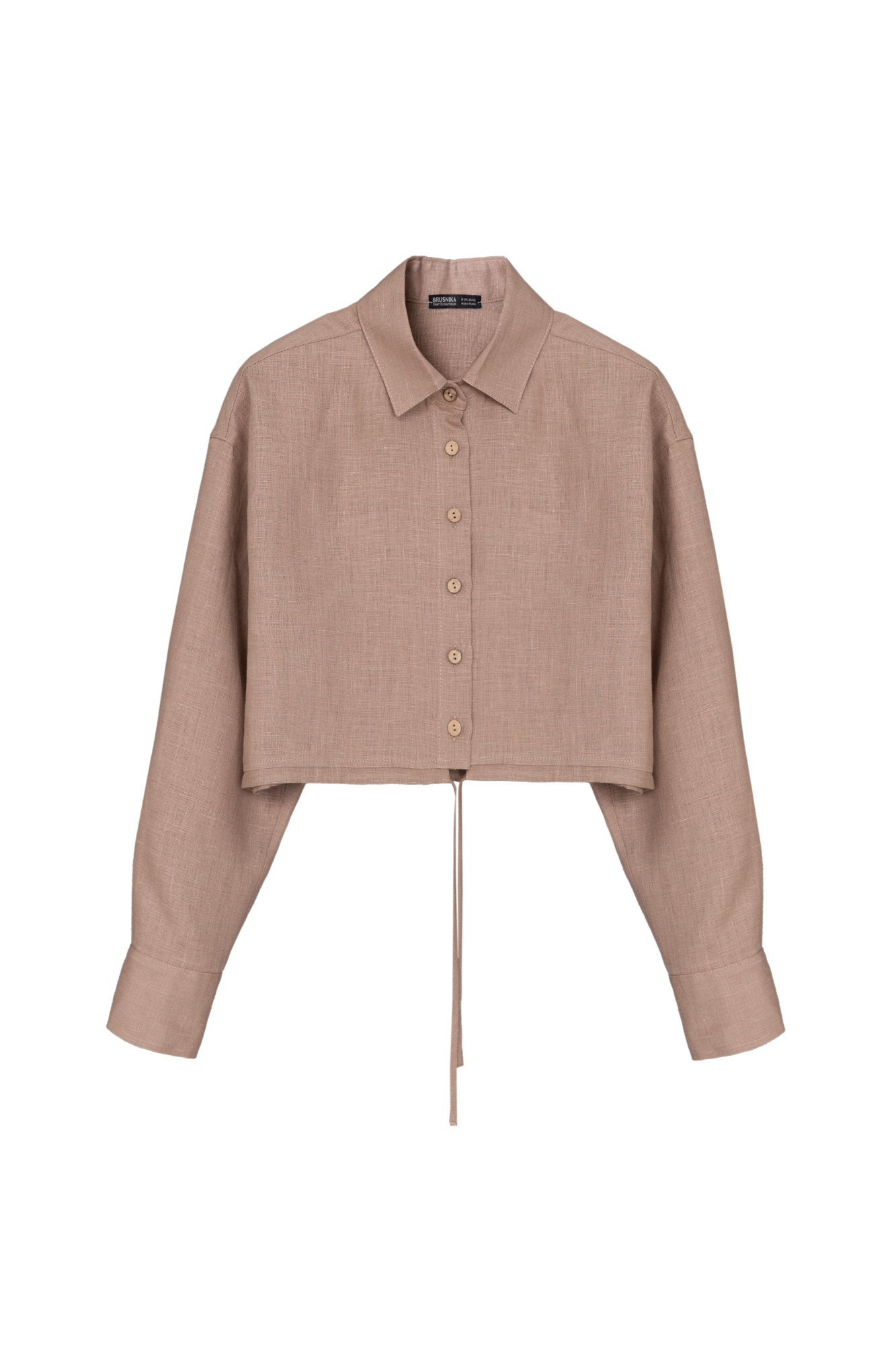 Укороченная рубашка из 100% льна. Модель прямого кроя на кулиске. Застежка на пуговицы.