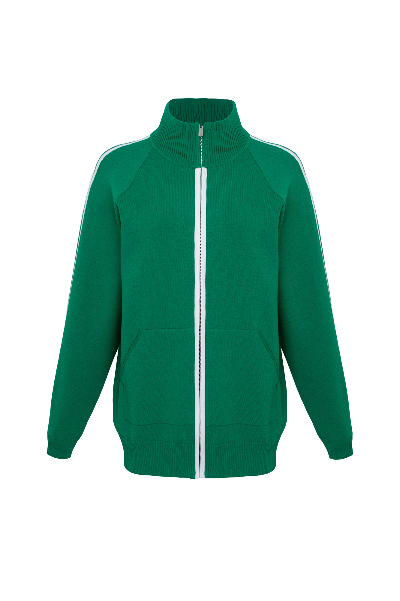 Трикотажный бомбер из вискозы с воротником-стойкой. Модель прямого силуэта с длинным рукавом и контрастными лампасами. Манжеты рукавов и низ изделия выполнен на резинке. Два кармана. Застежка на молнии.