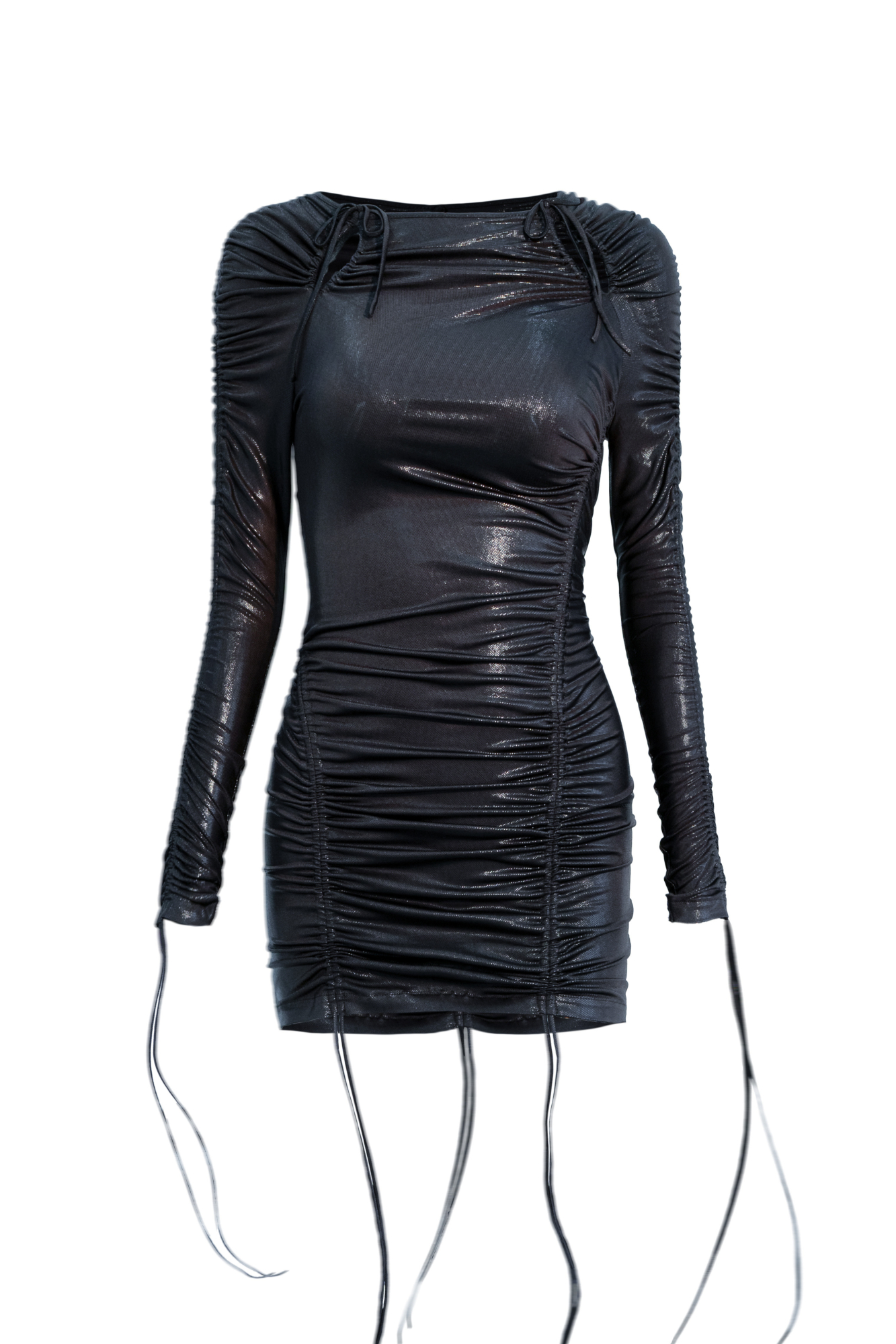 Платье длины мини из трикотажного полотна. Модель приталенного силуэта, с длинными рукавами и кулисками на рукавах и бедрах. Изделие декорировано драпировкой.