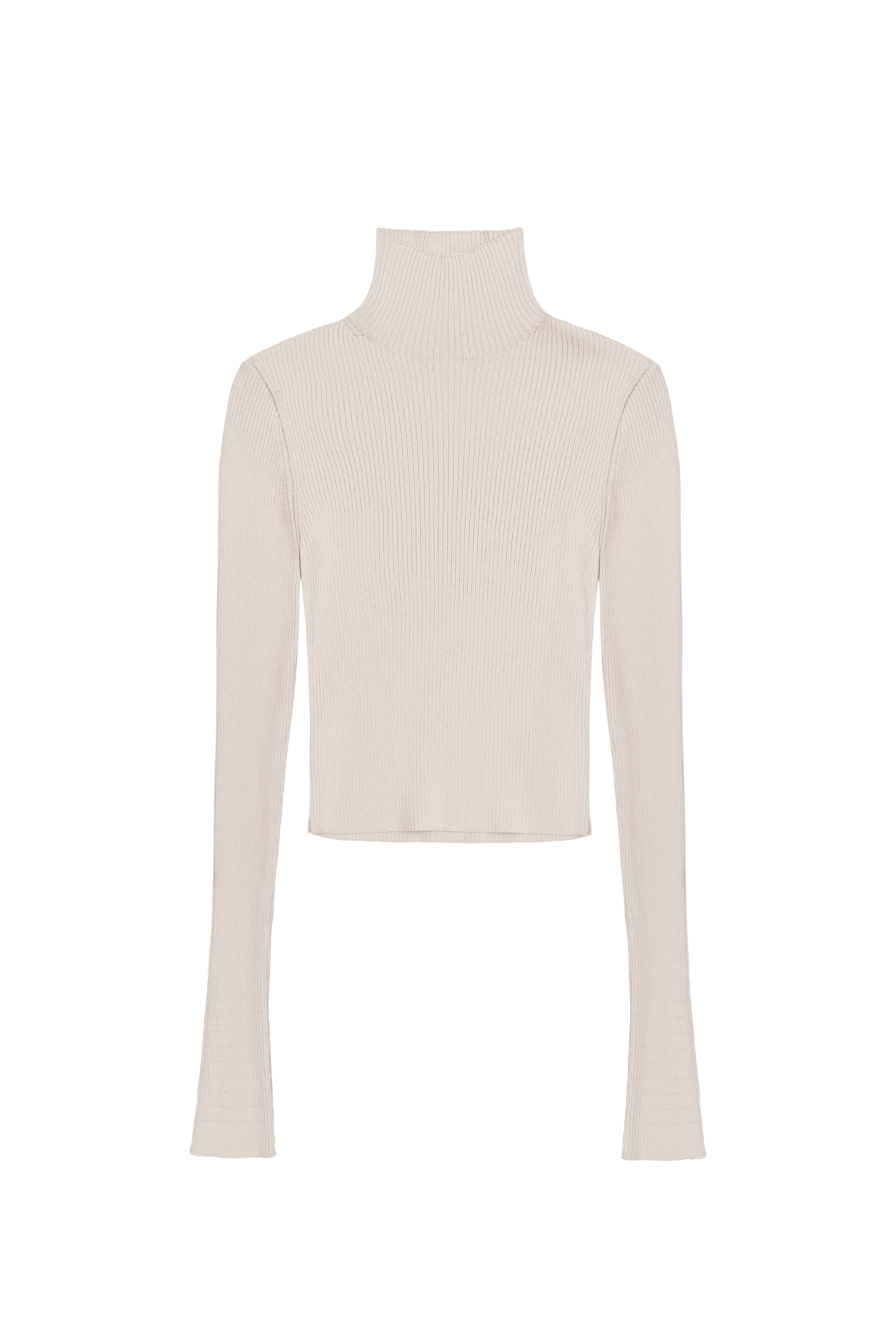 Укороченная трикотажная водолазка из вискозы. Модель приталенного силуэта, с длинными расклешенными рукавами и воротником-стойкой.