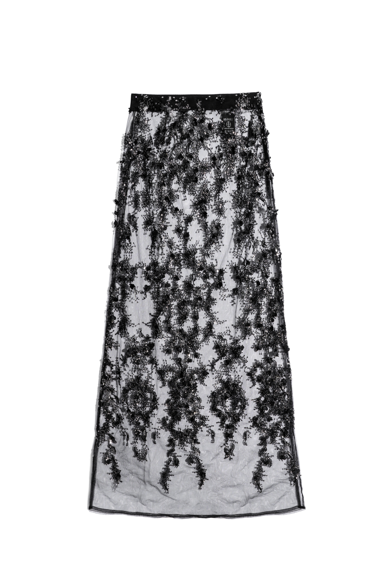 Юбка длины макси с цветочным орнаментом, вышитым пайетками. Застежка на потайную молнию. Изделие без подкладки.