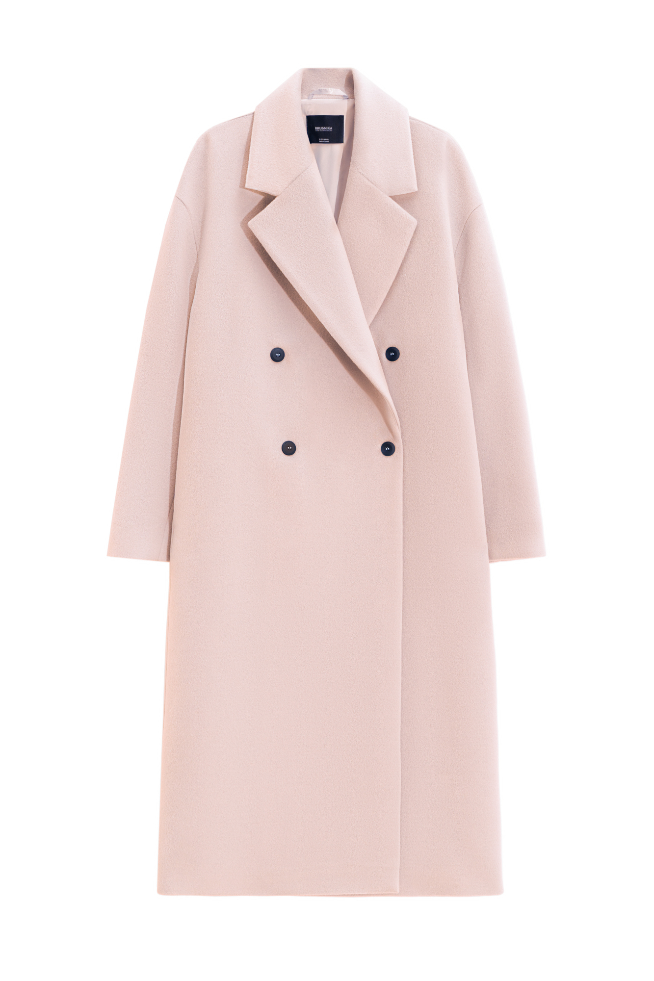Двубортное длинное пальто из шерсти. Модель прямого кроя с широкими лацканами и врезными карманами. Изделие выполнено на подкладке.
