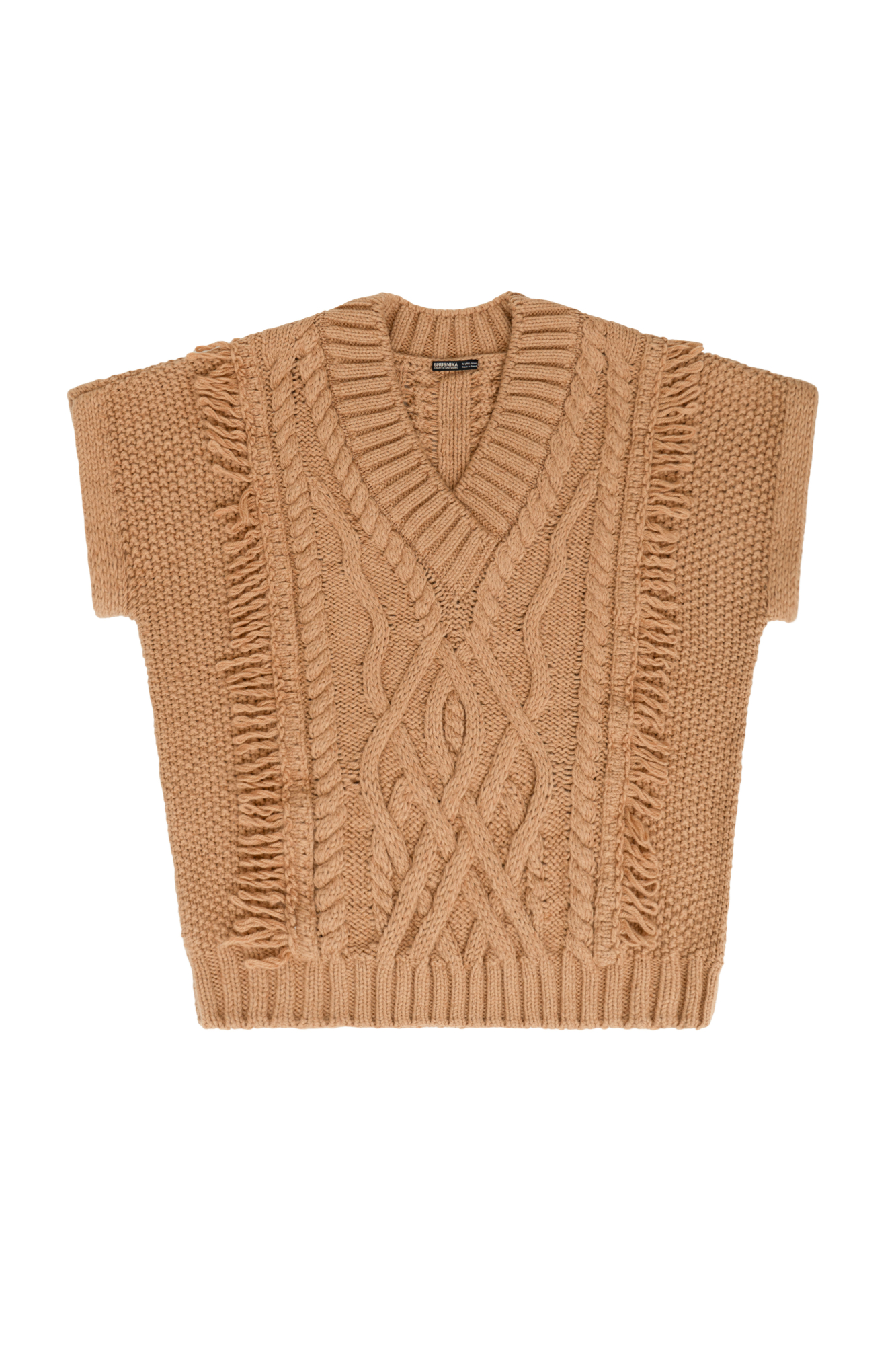 Трикотажный жилет из шерсти альпака с бахромой и V-образным вырезом.