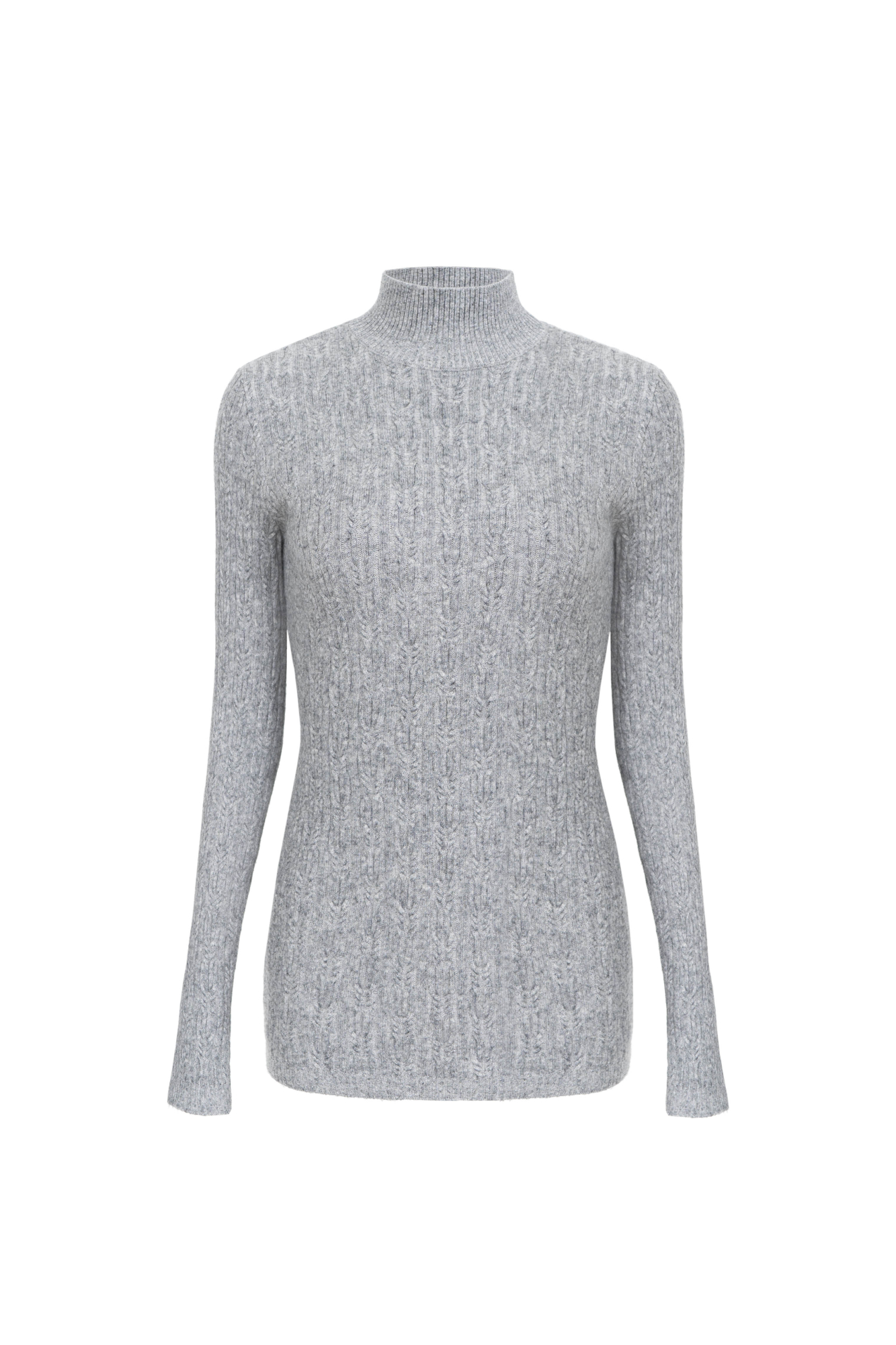 Трикотажная водолазка из шерсти и кашемира. Модель по фигуре, с длинными рукавами и невысоким воротником-стойкой в рубчик. Изделие декорировано вывязанным узором в виде объемных кос.