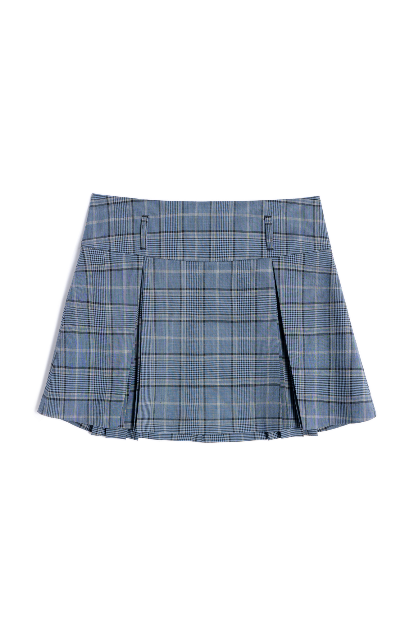 Юбка длины мини из шерсти в клетку. Модель с высоким поясом, дополненым шлевками для ремня. Изделие декорировано закрытыми веерными складками. Застежка на молнию.