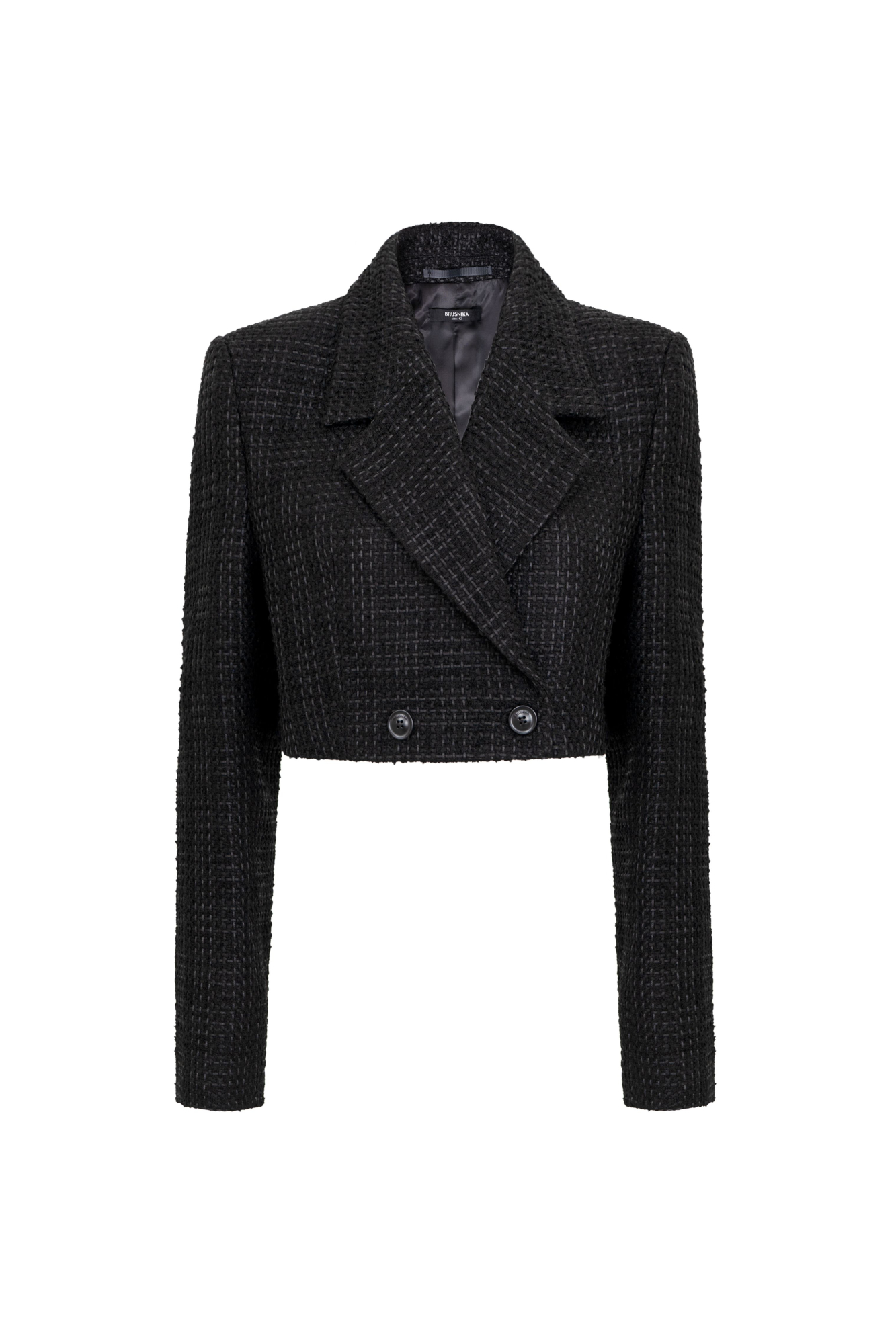 Укороченный жакет. Отложной воротник с прямоугольными лацканами. Модель приталенного силуэта с подкладкой.