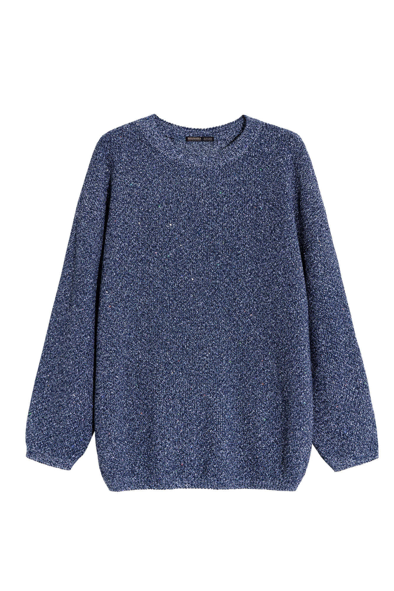 Трикотажный джемпер с голографическими пайетками. Модель свободного силуэта со спущенной линией плеча и круглой горловиной. Дополнить образ можно юбкой в таком же стиле.