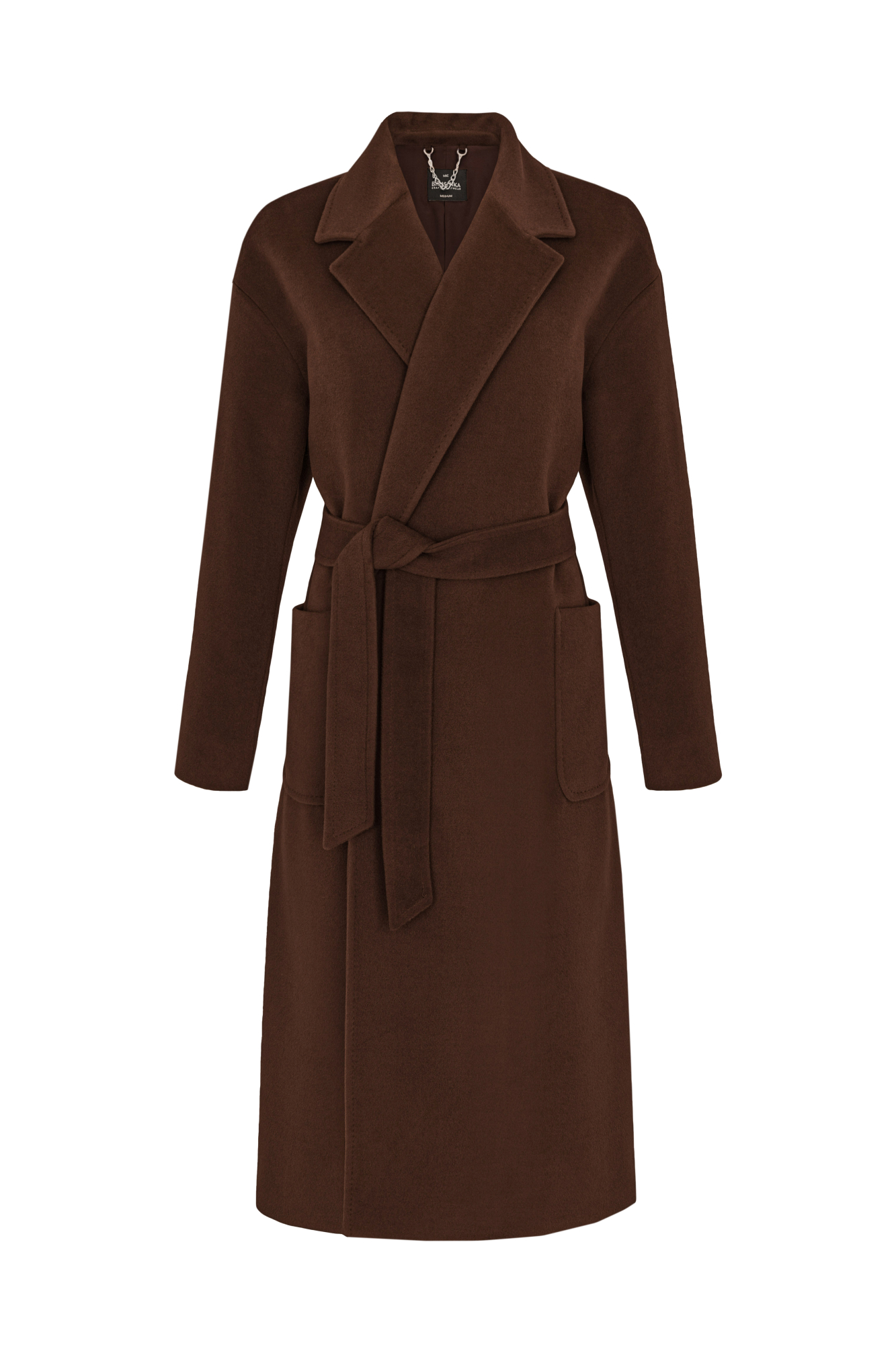 Пальто-халат из плотной шерстяной ткани,с большими накладными карманами и поясом в тон. Без застежки.