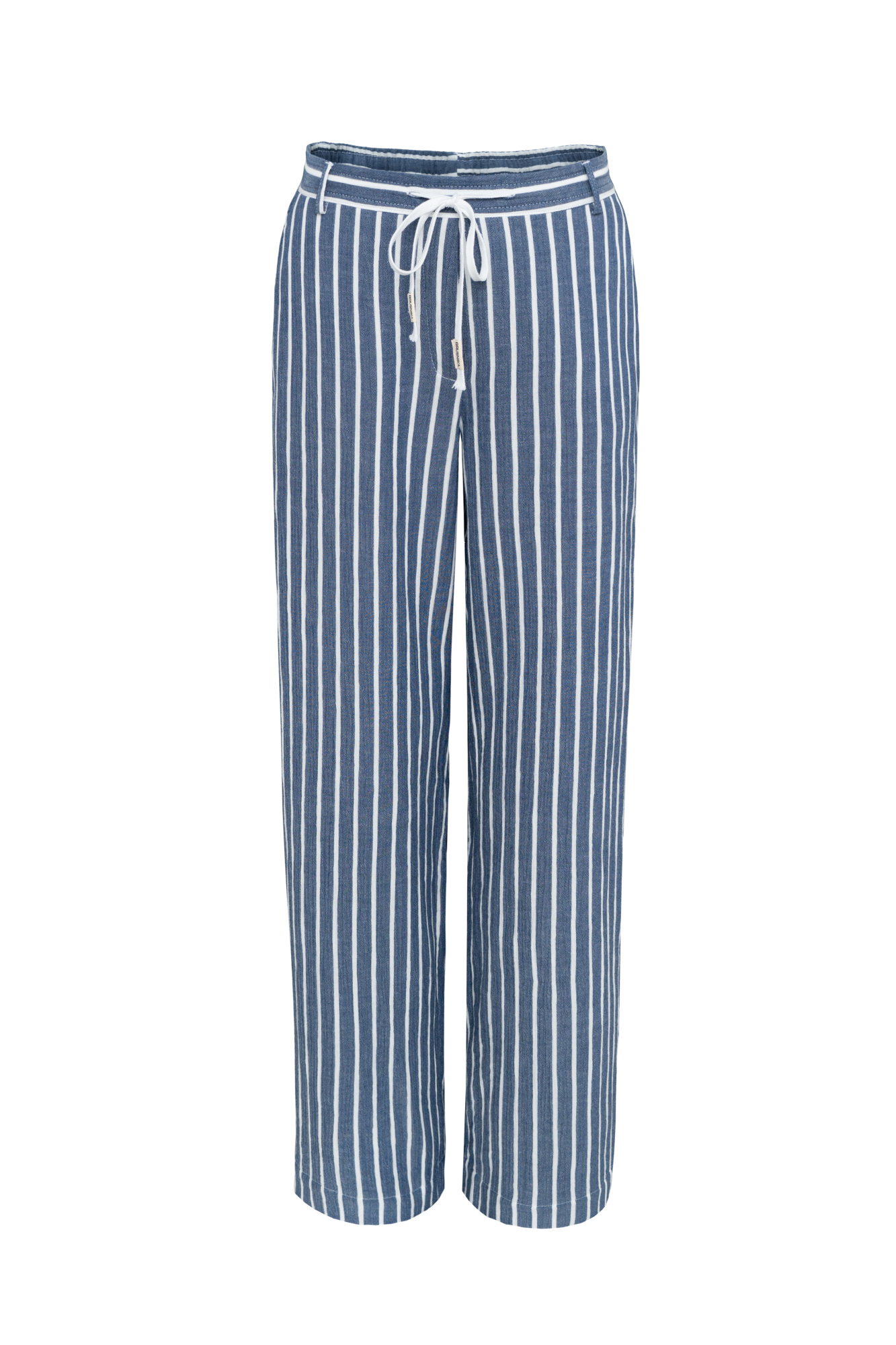 Широкие брюки в полоску, выполненные из 100% хлопка. Модель прямого кроя с боковыми карманами. Дополнить образ можно жилетом и жакетом в таком же стиле.