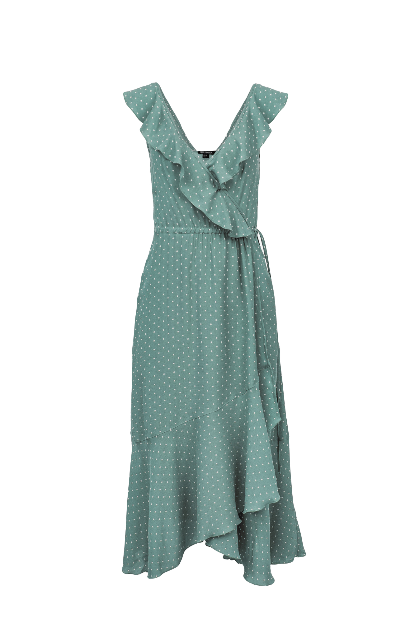 Сарафан в мелкий горох из 100% вискозы на запах, с V-образным вырезом и асимметричным низом.
