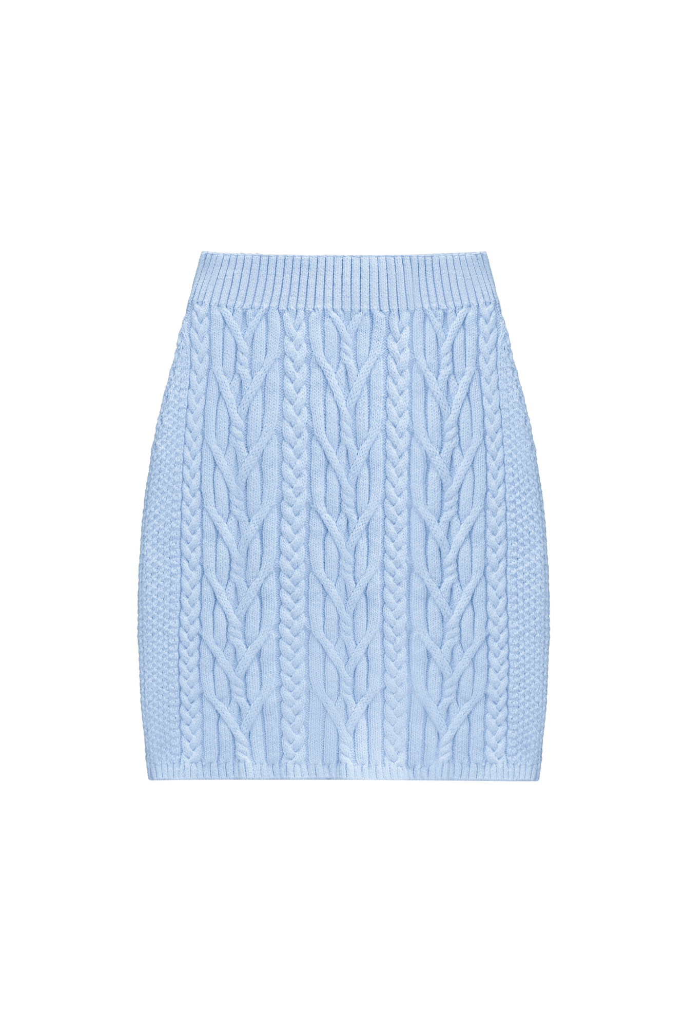 Трикотажная юбка длины мини из вискозы и хлопка. Модель с широким эластичным поясом. Изделие декорировано фактурной вязкой в виде кос разной толщины. Края выполнены в рубчик.