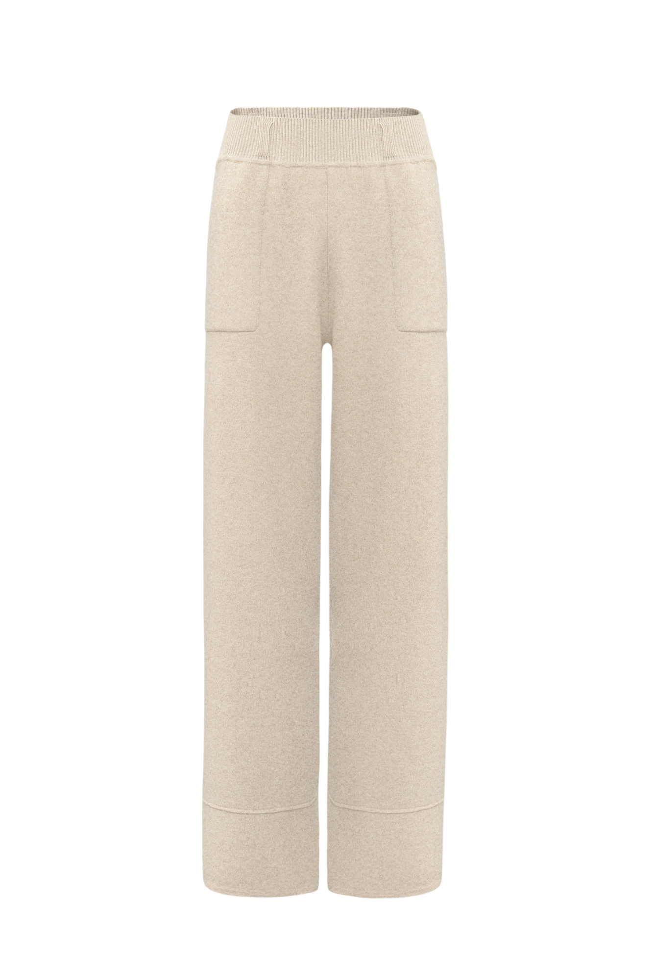 Прямые трикотажные брюки из смесовой шерсти с добавлением кашемира. Модель с накладными карманами и эластичным поясом в рубчик. 