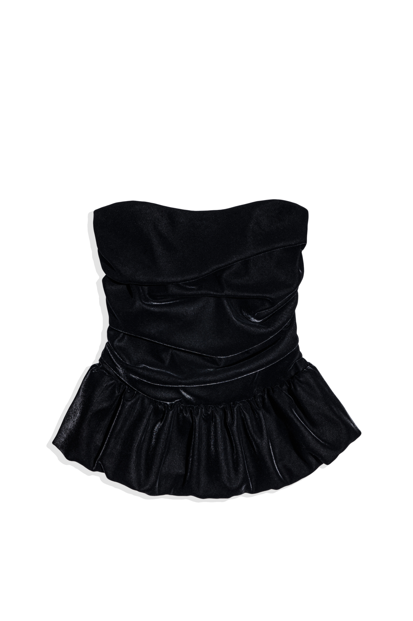 Бархатный корсет, декорированный драпировкой и баской. Модель приталенного силуэта с застежкой на молнию сзади. Изделие выполнено на подкладке.