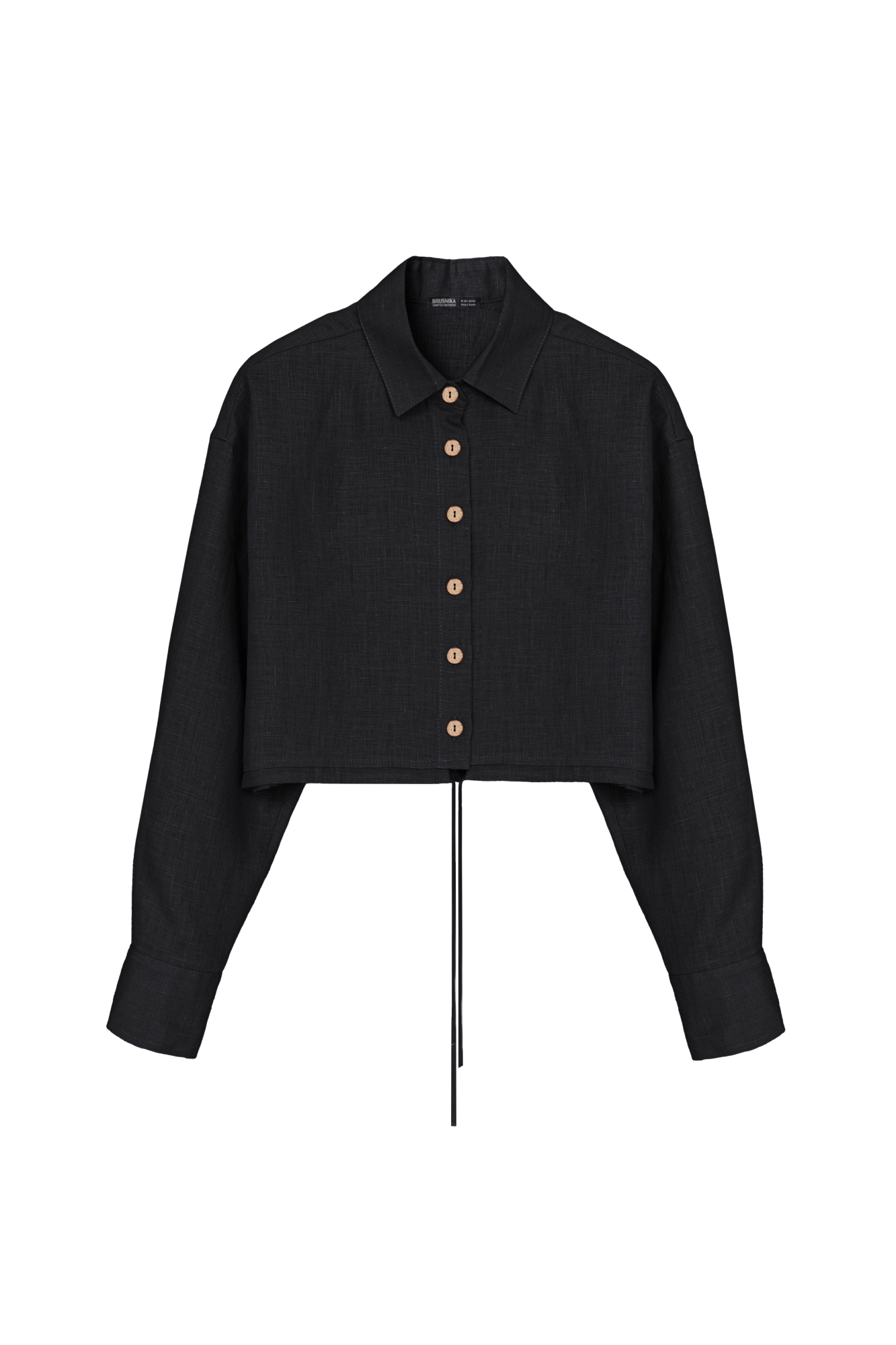 Укороченная рубашка из 100% льна. Модель прямого кроя на кулиске. Застежка на пуговицы.