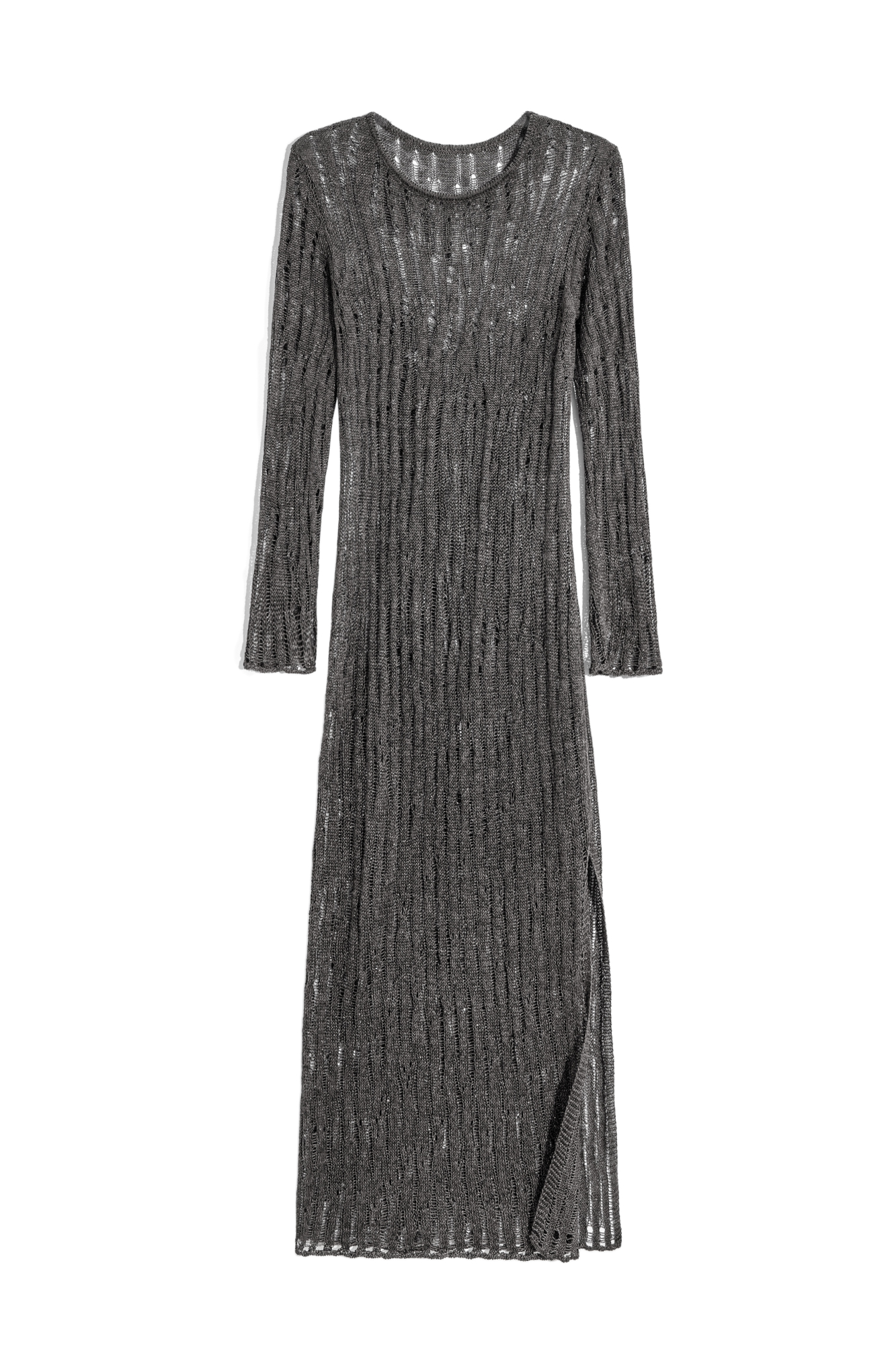 Полупрозрачное платье изо льна с добавлением люрекса. Модель по фигуре с круглым вырезом горловины и невысоким разрезом сбоку. 