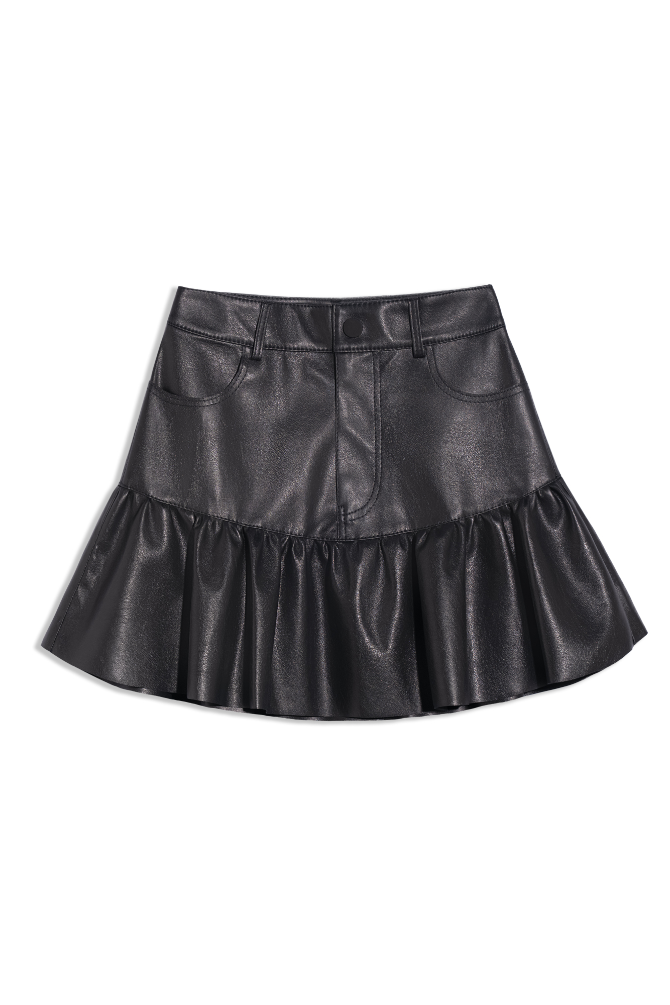Юбка длины мини на кокетке, выполненная из экокожи. Модель с рельефными швами и шлевками на поясе для ремня. Задние карманы выполнены в виде сердечек. Застежка на молнию и пуговицу.