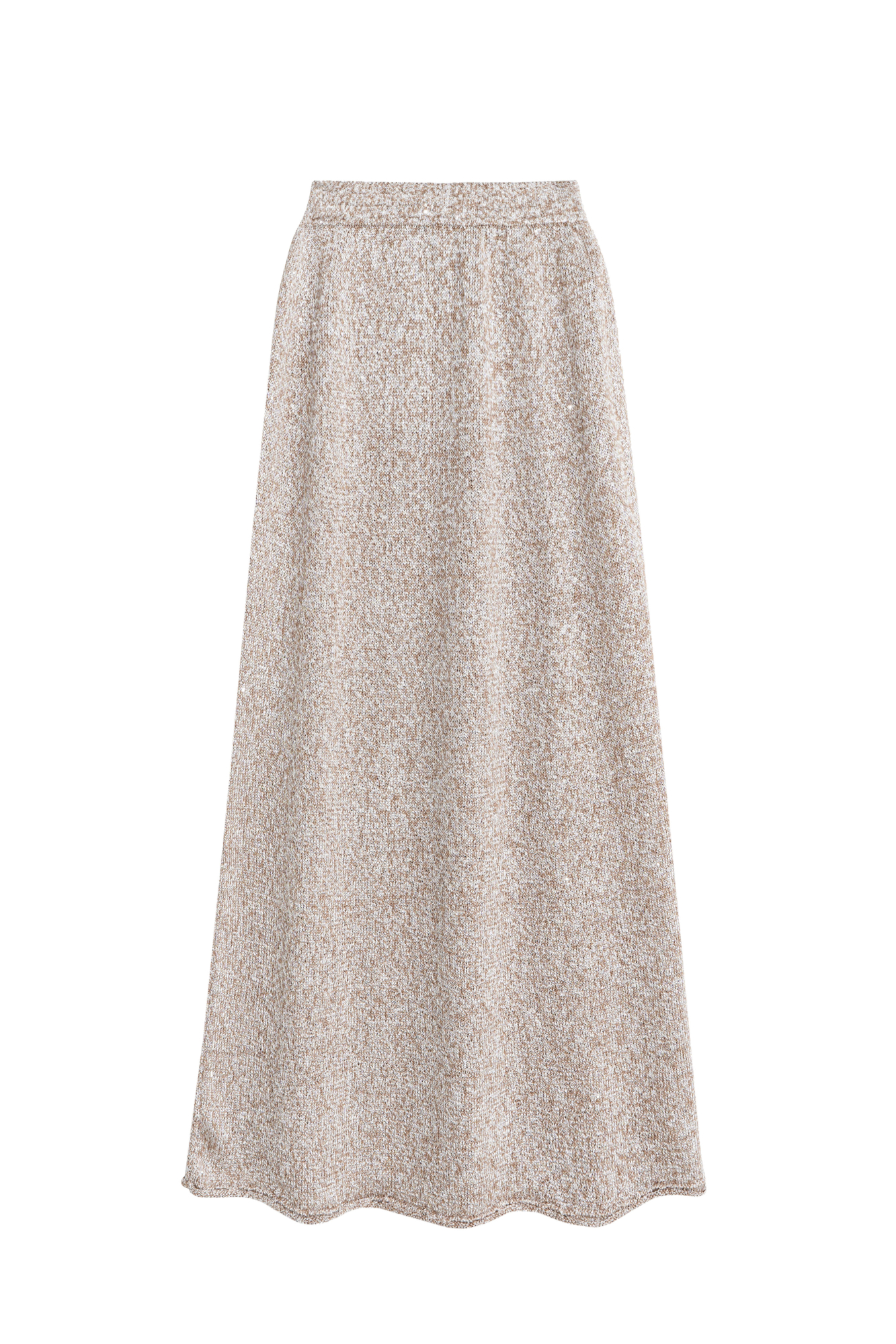 Трикотажная юбка длины макси из хлопка с добавлением вискозы. Модель А-силуэта, с широким эластичным поясом на резинке. Изделие декорировано маленькими пайетками.
