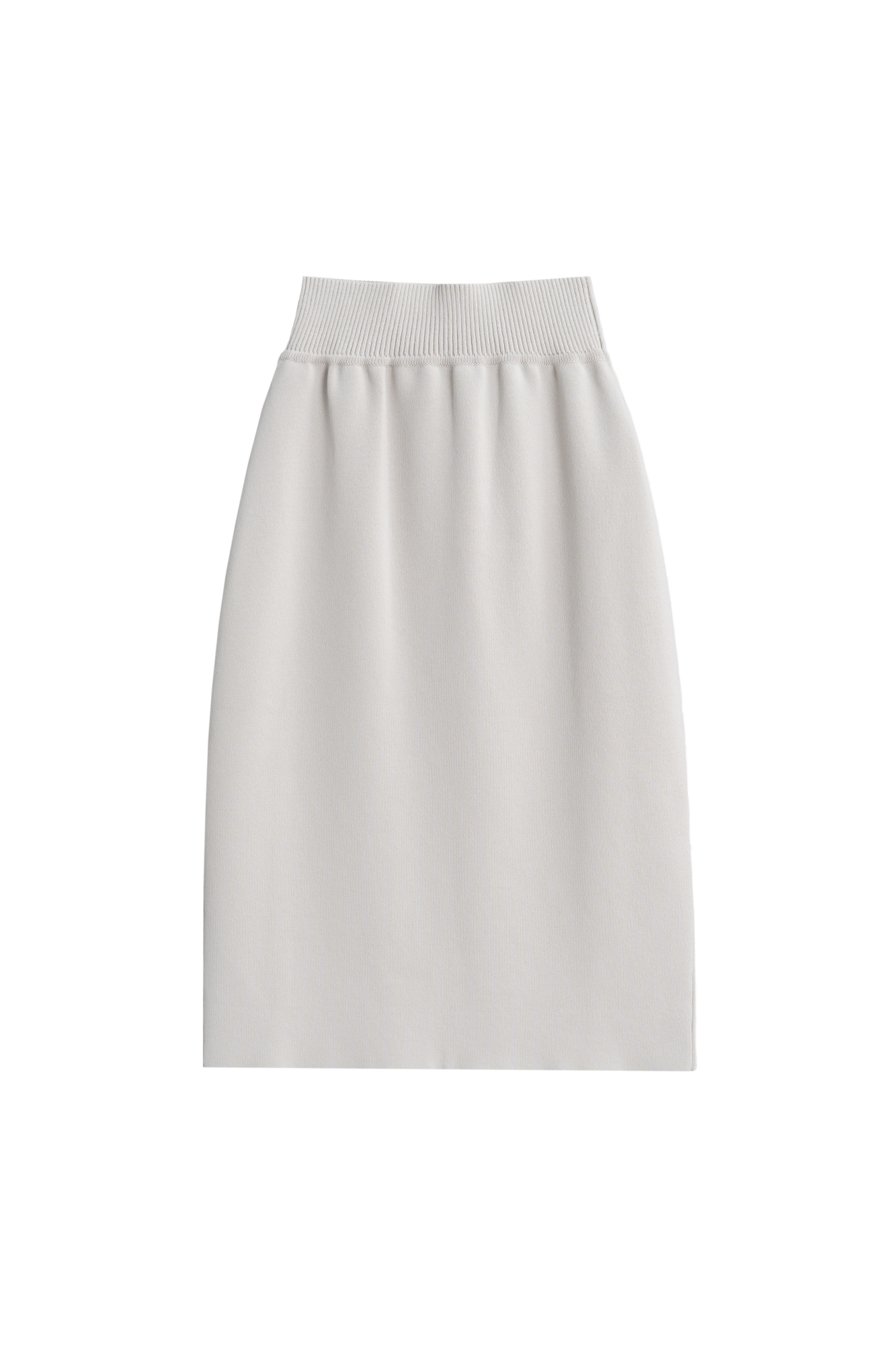 Трикотажная юбка длины миди из вискозы. Модель по фигуре с эластичным поясом на резинке и невысоким разрезом сзади.