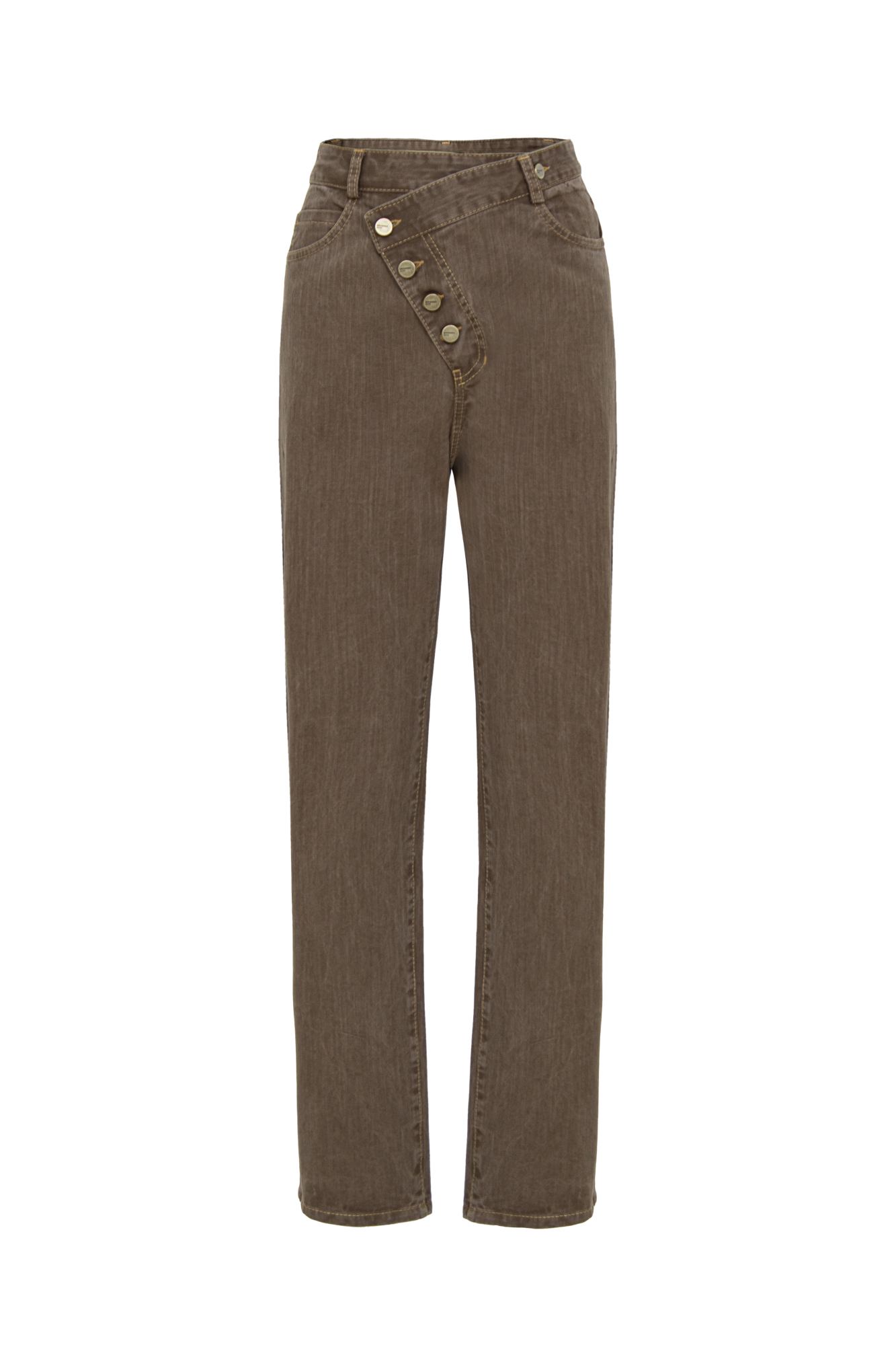 Классические джинсы из хлопка. Модель прямого кроя с асимметричной застежкой на пуговицы.