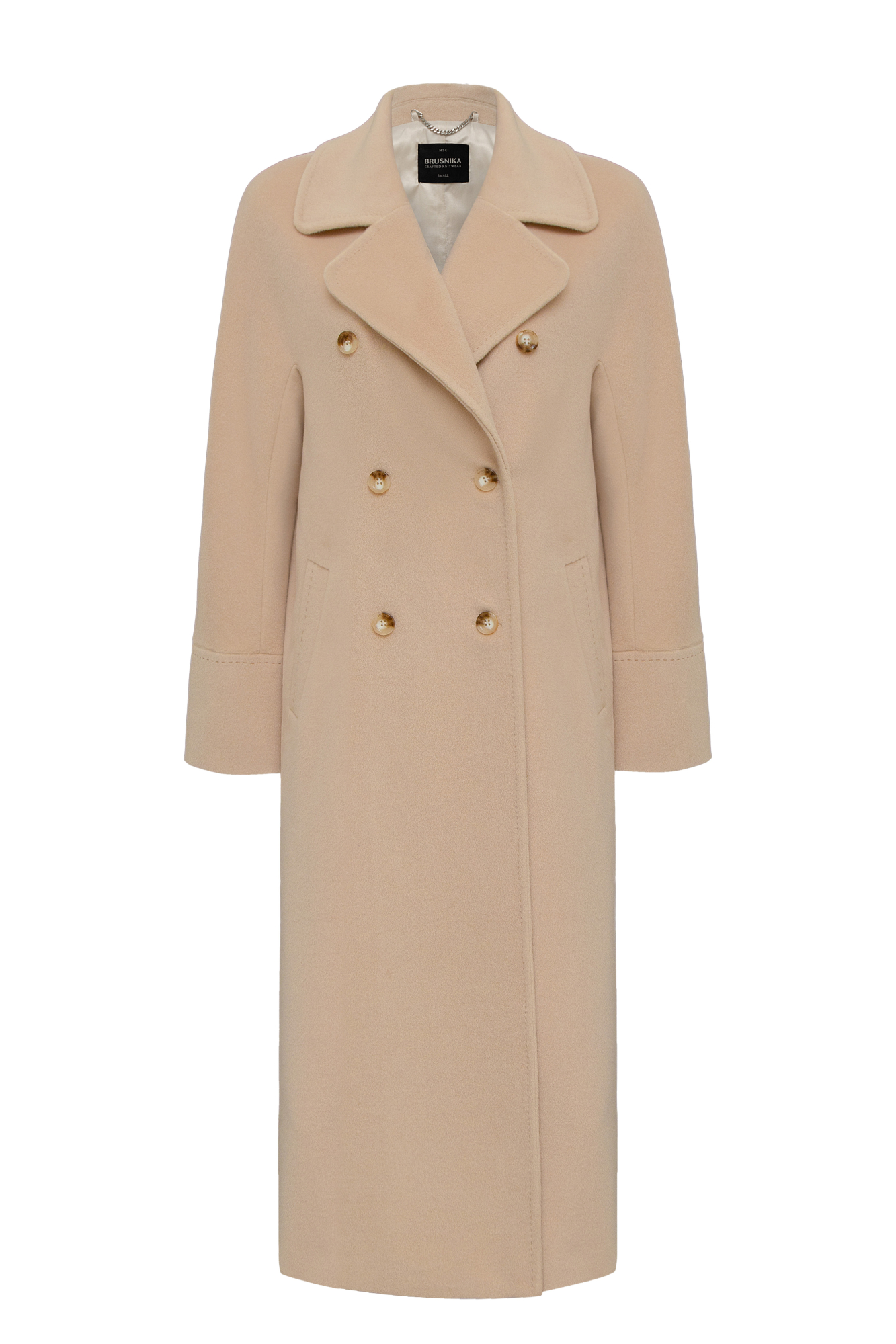 Двубортное пальто из шерсти с карманами. Отложной воротник с прямоугольными лацканами. Длинные рукава. Застегивается на пуговицы.