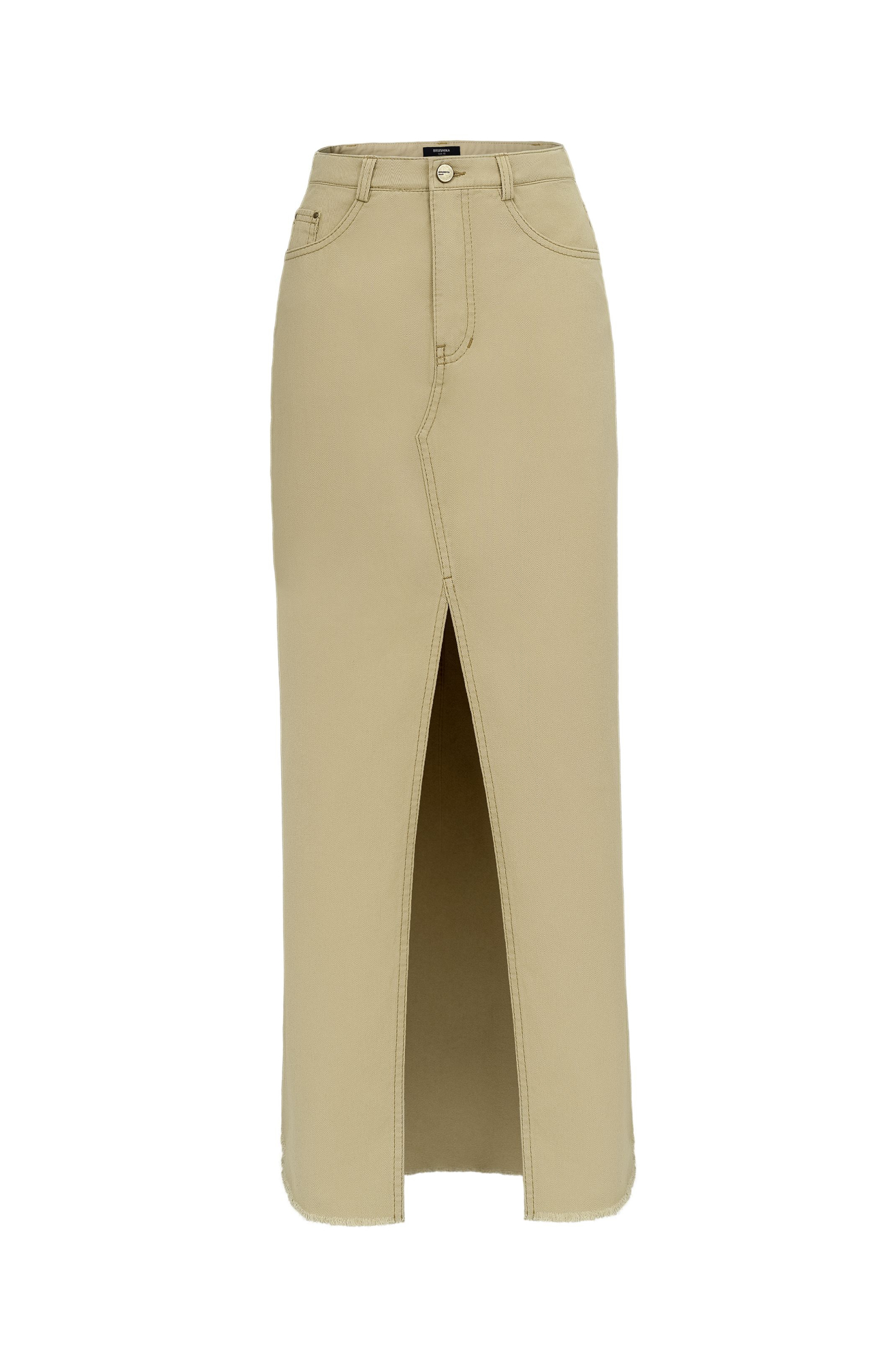 Джинсовая юбка длины макси из 100% хлопка. Модель со средней посадкой, с разрезом спереди и необработанным низом. Застежка на молнию и пуговицу.