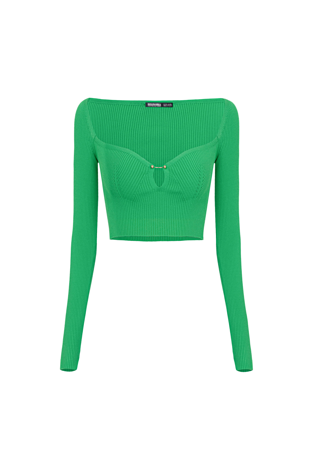 Трикотажный укороченный топ из вискозы в рубчик. Модель по фигуре с глубоким декольте и с декоративным элементом на лифе. Отлично сочетается с трикотажной юбкой из этой же коллекции.