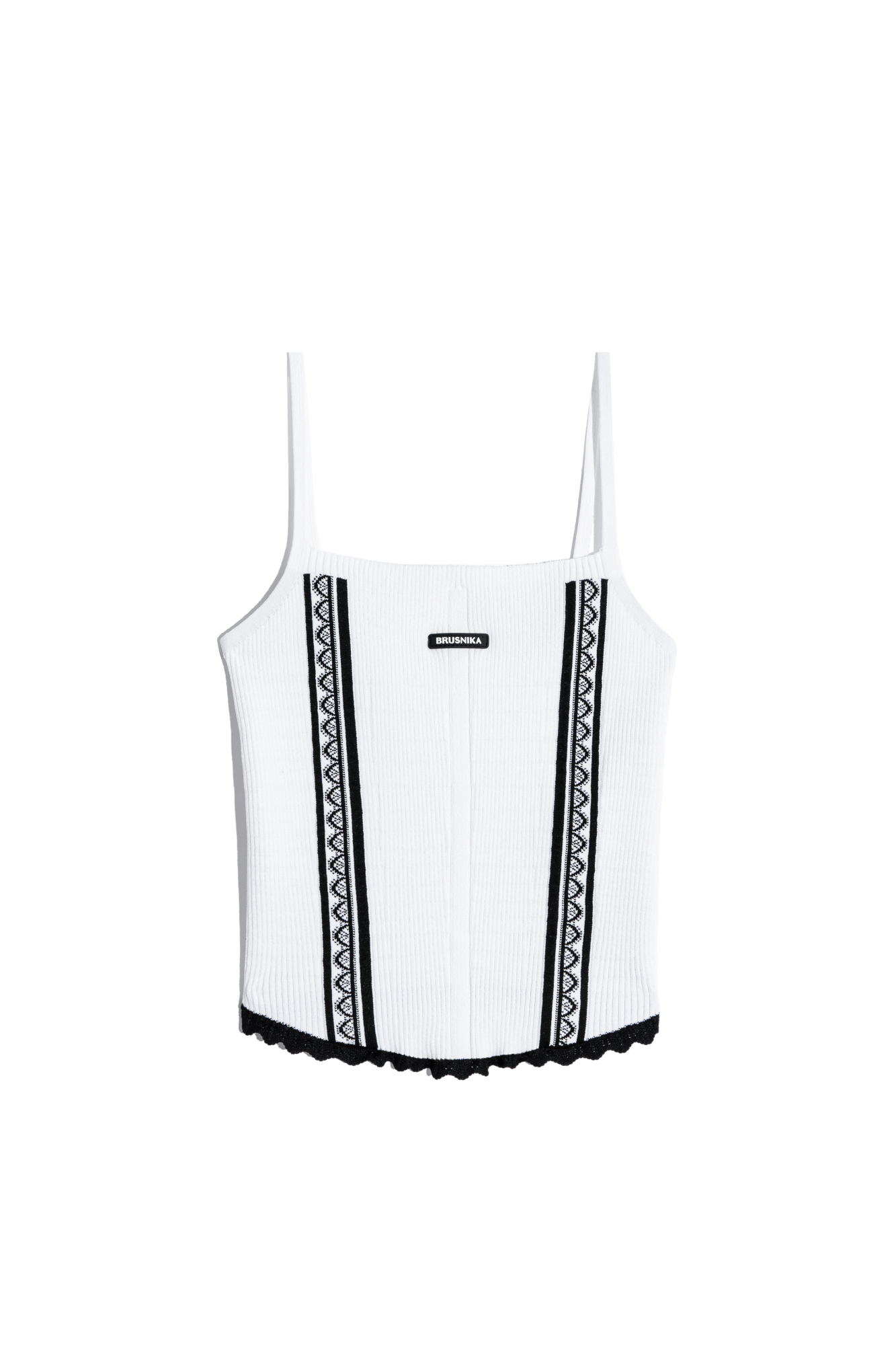 Трикотажный топ из вискозы. Модель по фигуре, на тонких бретельках. Изделие декорировано жаккардовым узором в виде кружева и ажуром контрастного цвета по низу изделия.