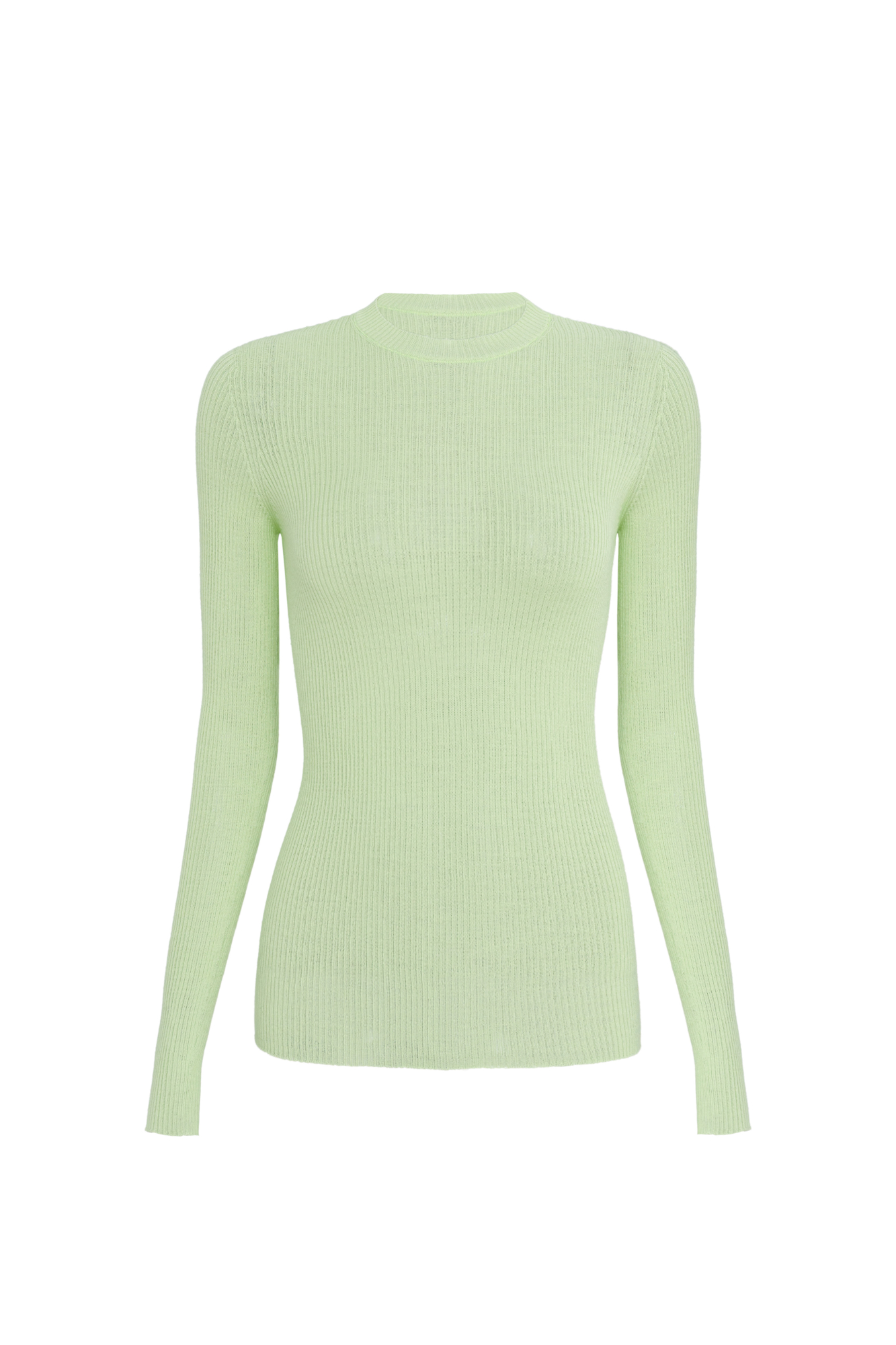 Цельновязаная полупрозрачная водолазка из шерсти. Модель с длинными рукавами и круглым вырезом. Изделие выполнено в рубчик.