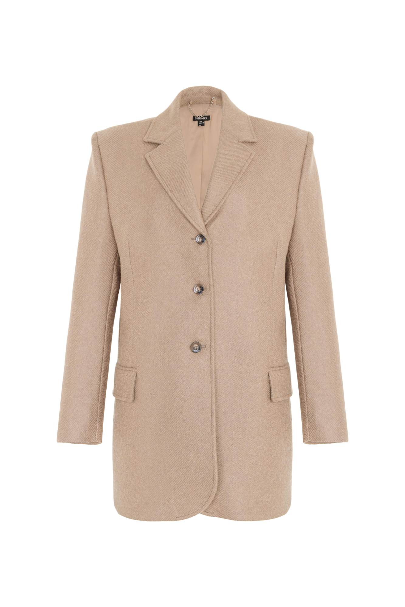 Укороченное пальто из шерсти с длинными рукавами и воротником с лацканами. Длинные рукава с пуговицами на манжетах, подплечники, передние карманы с клапанами и шлица сзади. Застежка на пуговицы.