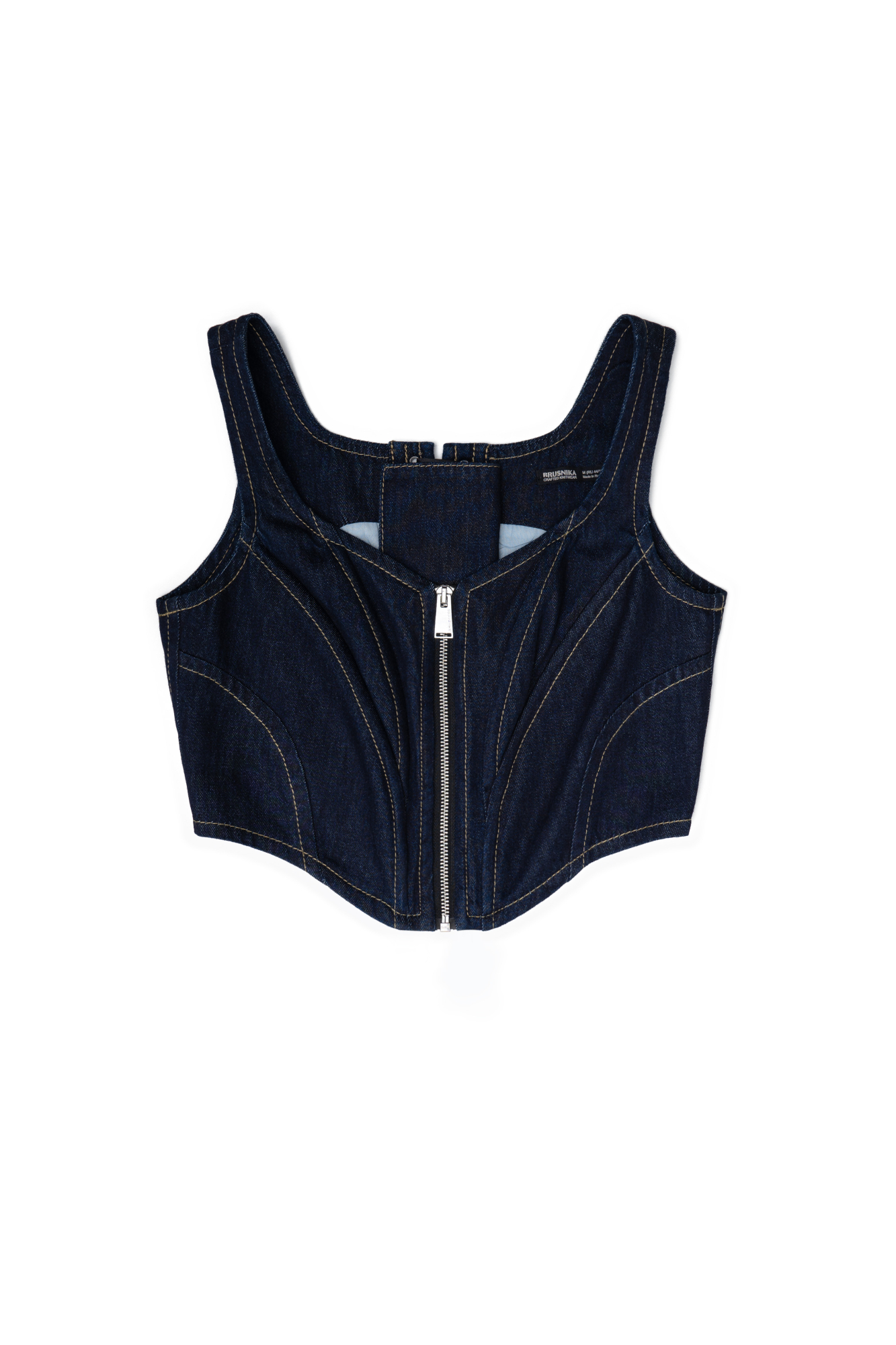 Джинсовый корсет из 100% хлопка с застежкой на молнии и лентой-завязкой на спинке. Дополнить образ можно джинсами и джинсовкой.