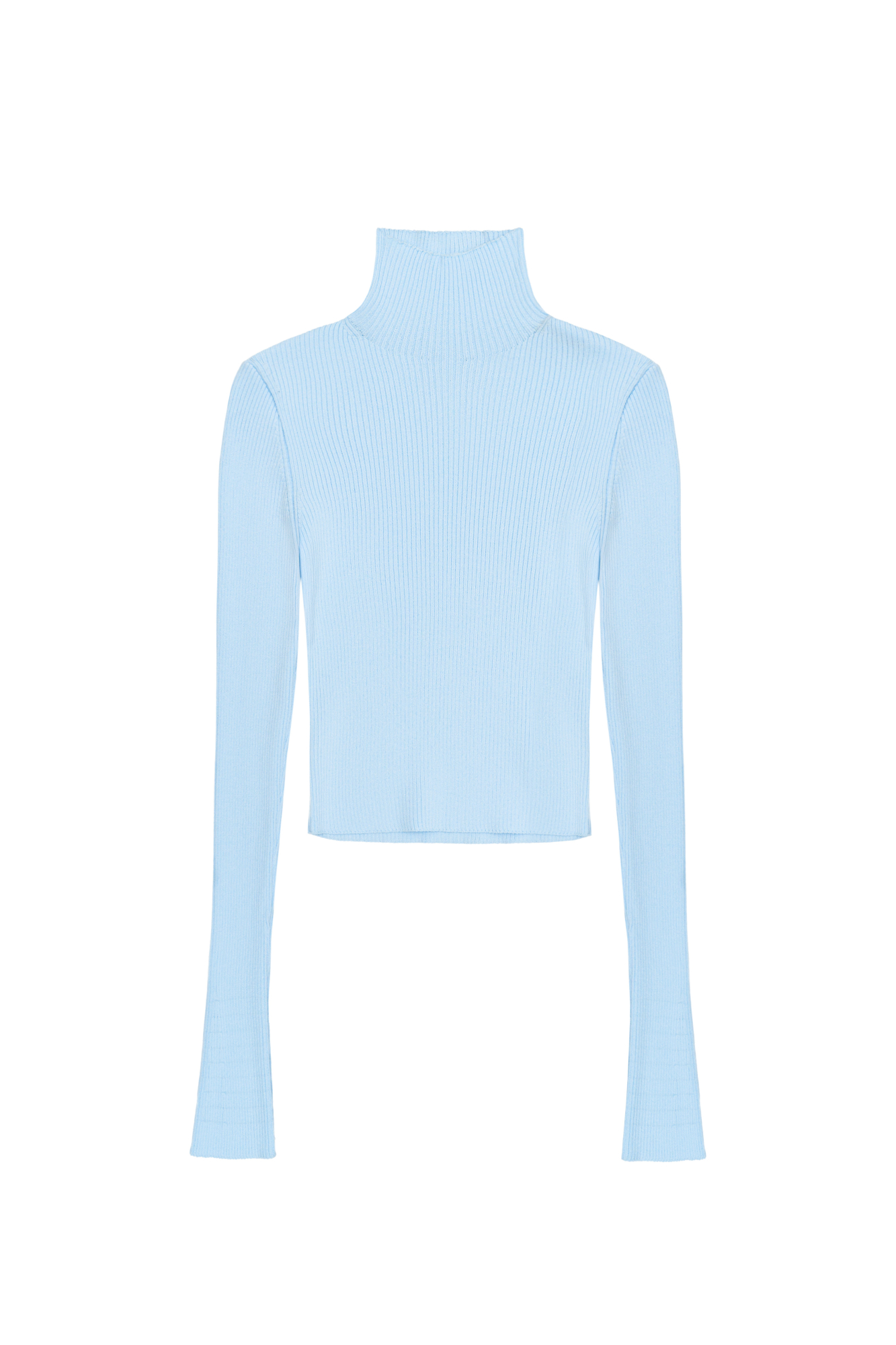 Укороченная трикотажная водолазка из вискозы. Модель приталенного силуэта, с длинными расклешенными рукавами и воротником-стойкой.