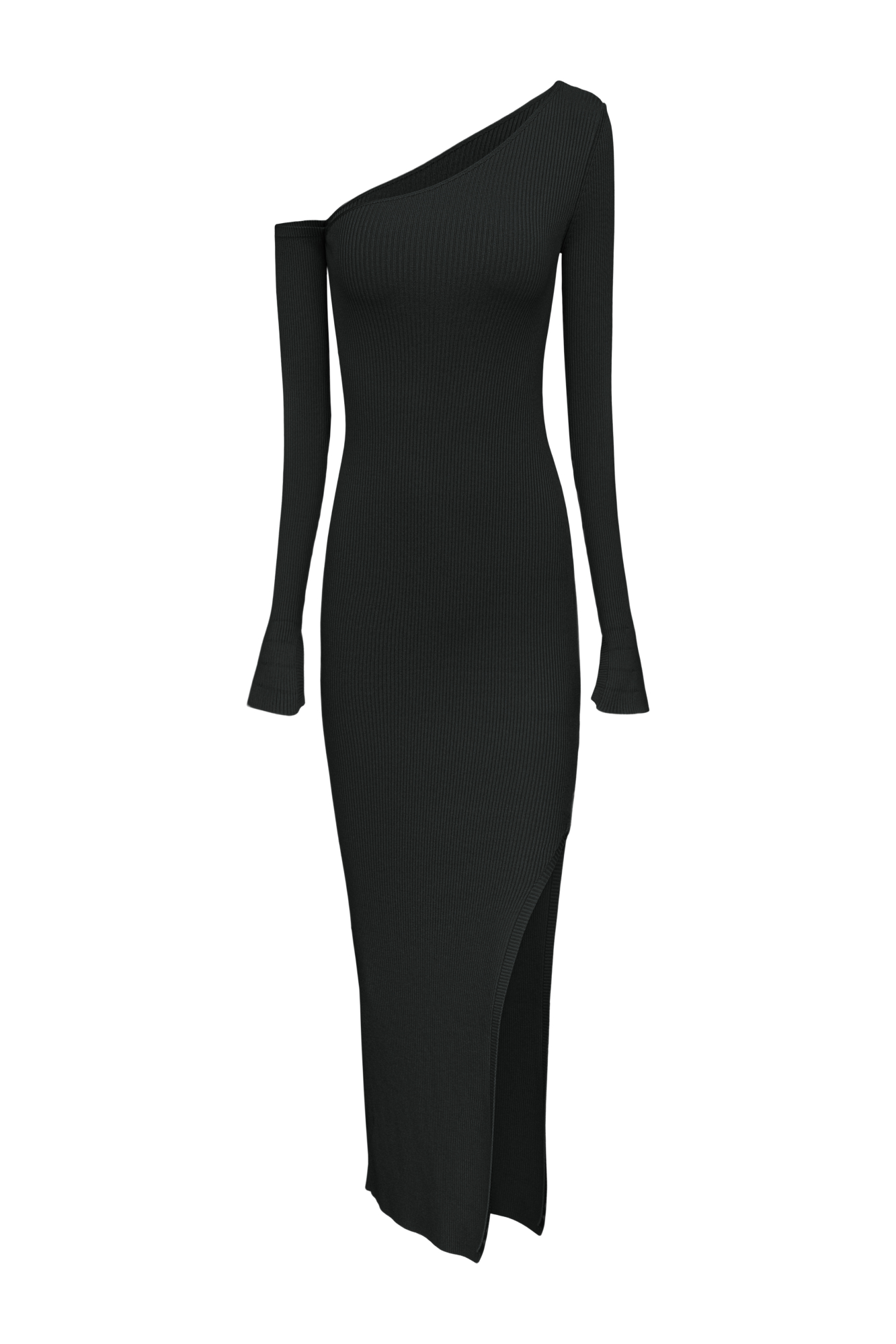 Трикотажное платье длины миди из вискозы в рубчик. Модель с асимметричным вырезом горловины, откытым плечом, длинными рукавами и разрезом сбоку.