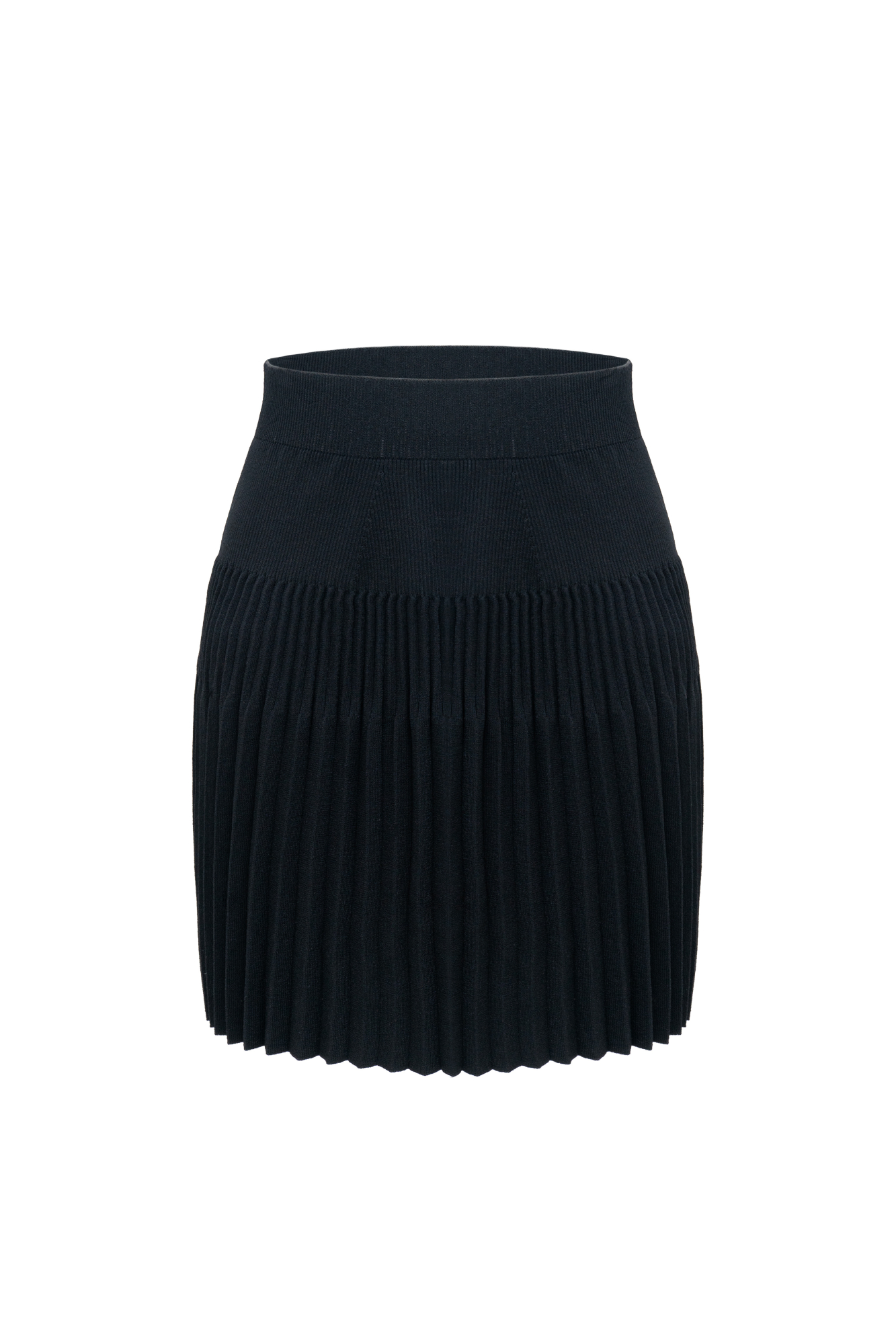 Трикотажная юбка плиссе. Модель приталенного силуэта длины мини с эластичным поясом на резинке.