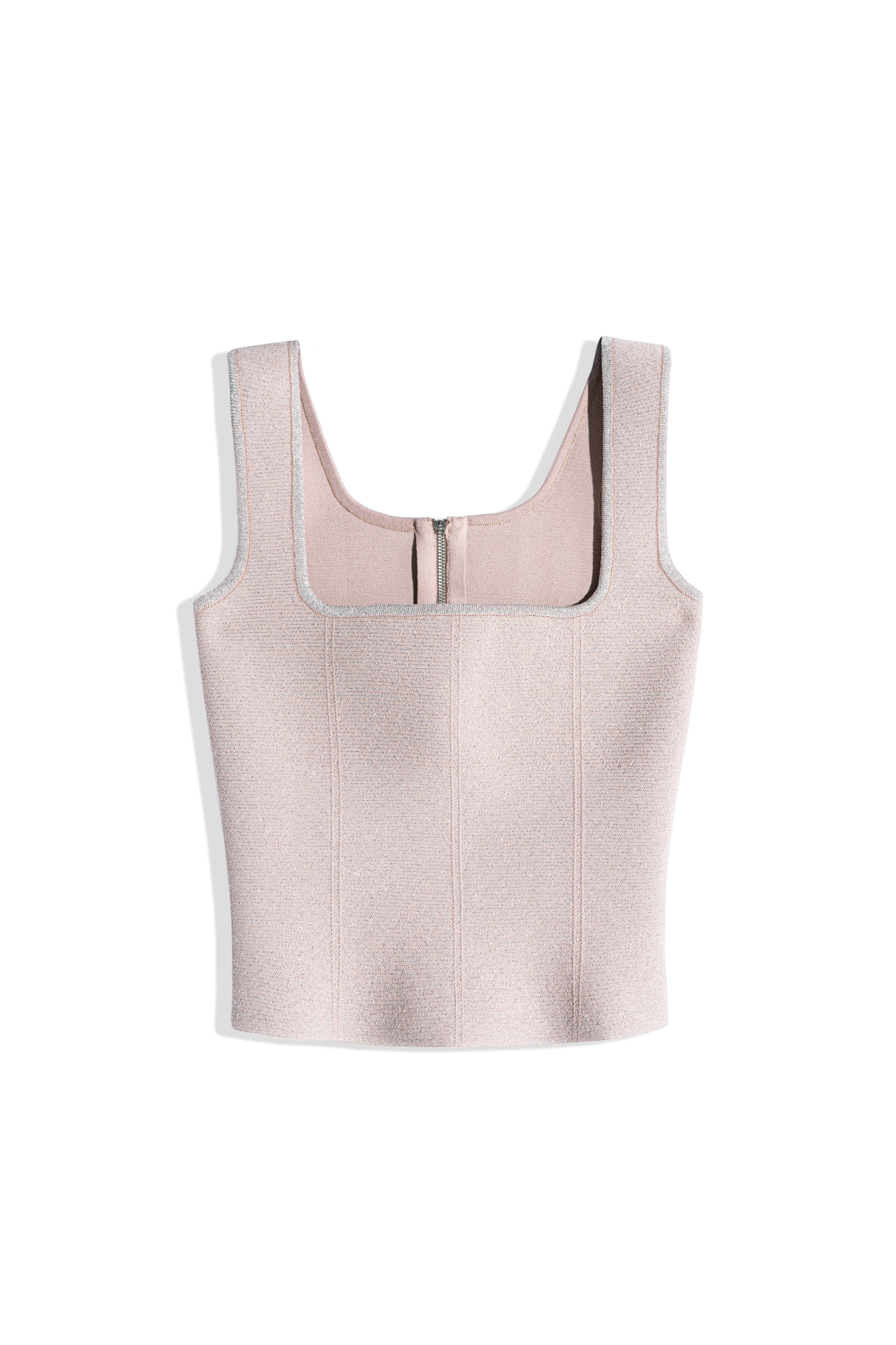 Короткий трикотажный корсет из вискозы с добавлением люрекса. Модель приталенного силуэта, с квадратным вырезом и широкими бретелями. Застежка на молнию сзади. 