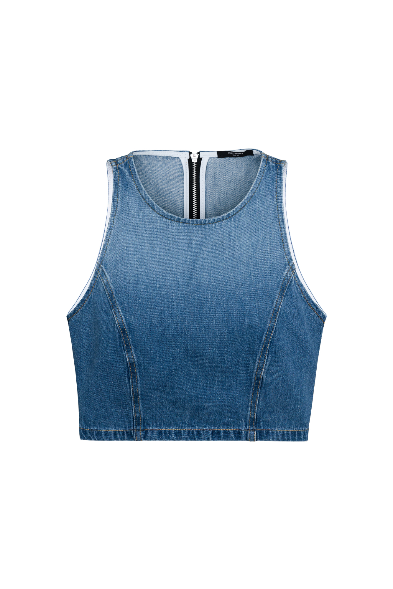 Джинсовый короткий топ&nbsp;&nbsp;из 100% хлопка. Модель приталенного силуэта, без рукавов, глубокой проймой и застежкой на молнию сзади. Цвет полотна изделия сменяется с темного на светлый, создавая градиент. Дополнить образ можно юбкой.
