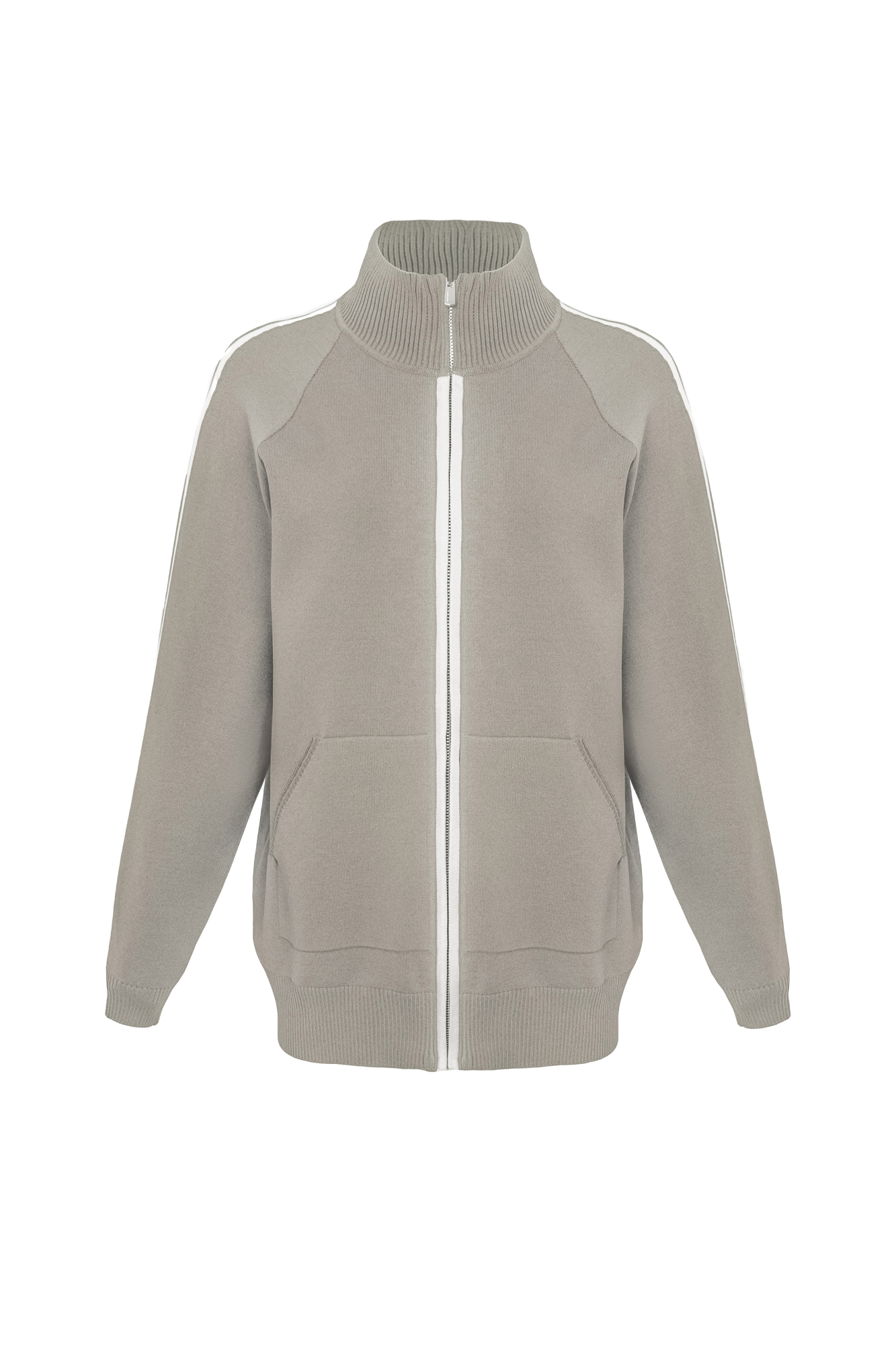 Трикотажный бомбер из вискозы с воротником-стойкой. Модель прямого силуэта с длинным рукавом и контрастными лампасами. Манжеты рукавов и низ изделия выполнен на резинке. Два кармана. Застежка на молнии.