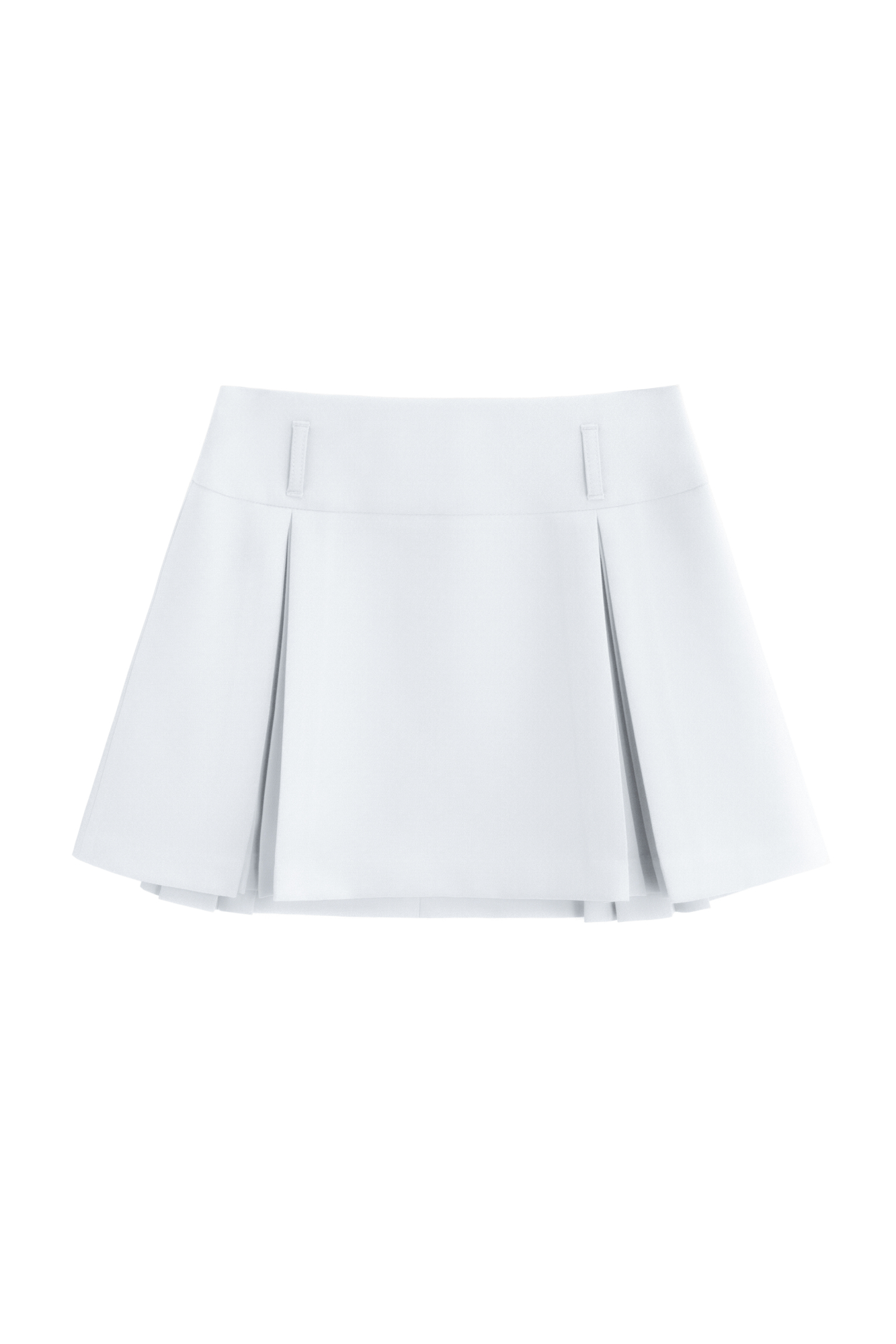 Юбка длины мини из поливискозы. Модель с высоким поясом, дополненым шлевками для ремня. Изделие декорировано закрытыми веерными складками. Застежка на молнию.
