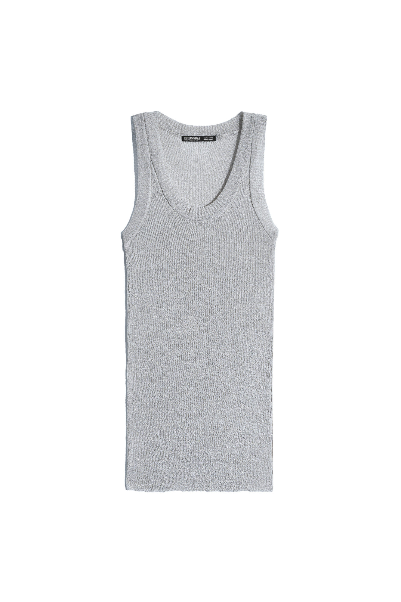 Трикотажный топ из вискозы с люрексом. Модель с U-образным вырезом горловины и широкими бретелями.